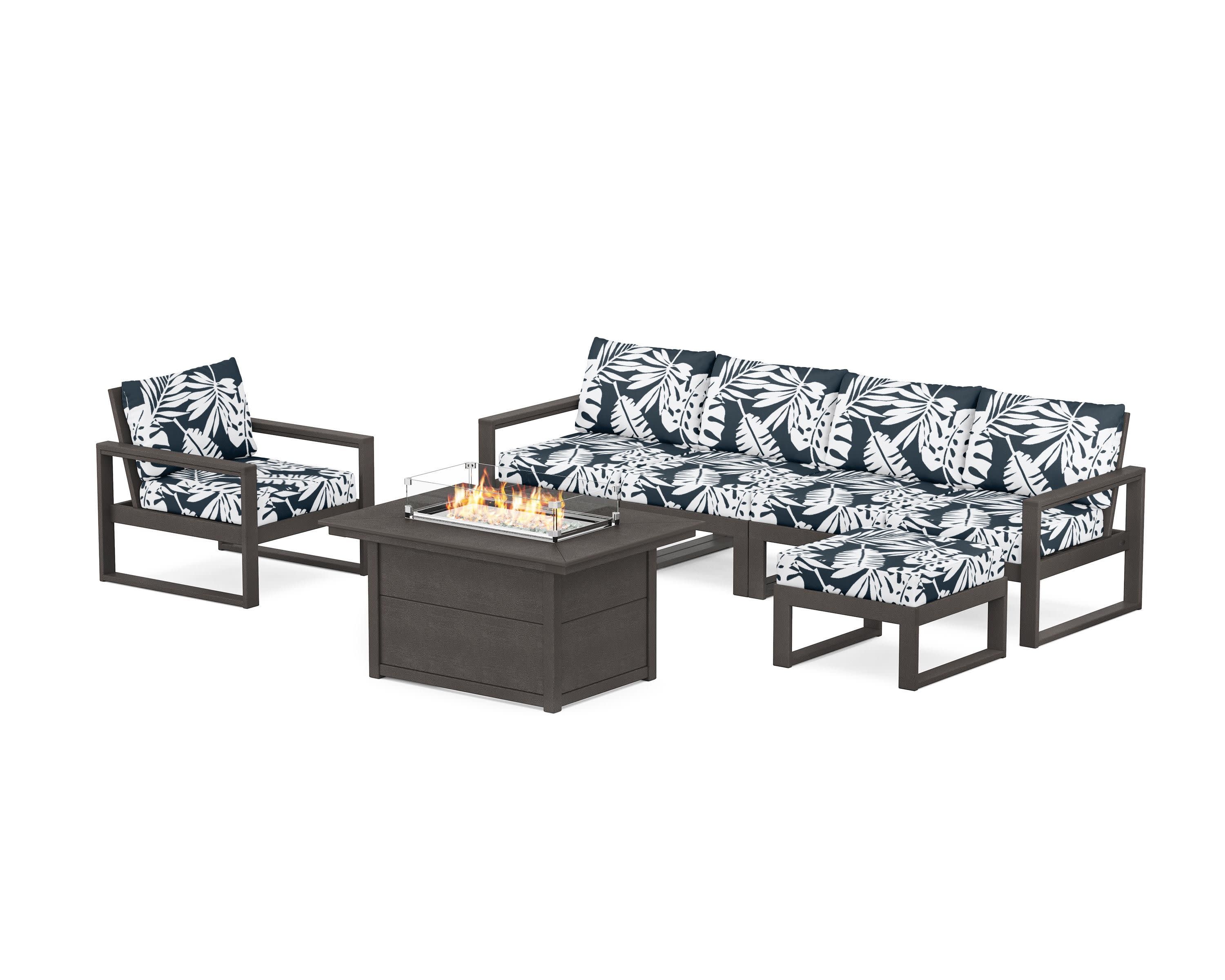 EDGE Sectional Lounge and Fire Pit Set in Vintage Coffee / Leaf Marine Indigo