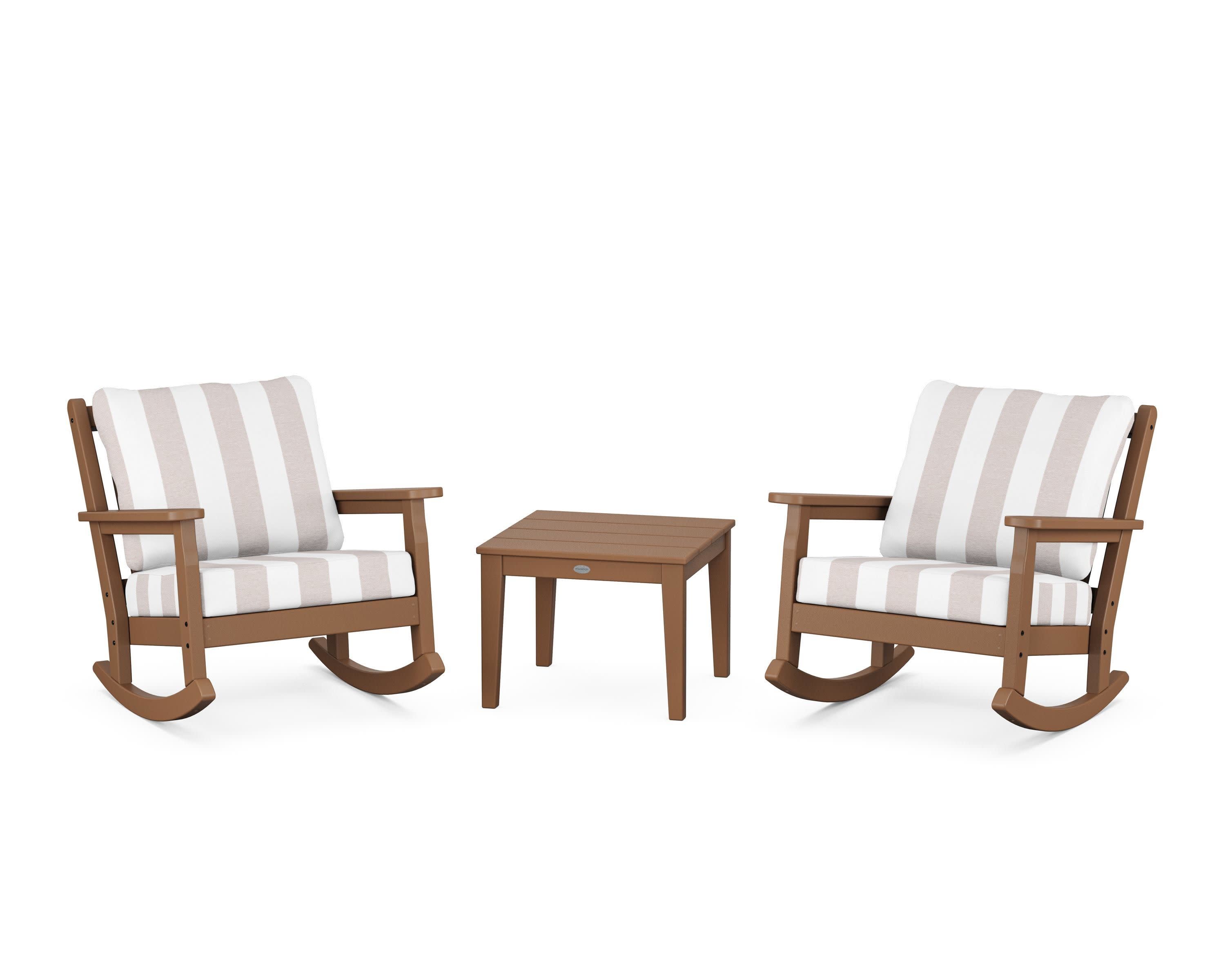 Chippendale 3-Piece Deep Seating Rocker Set in Teak / Cabana Stripe Dune Burlap