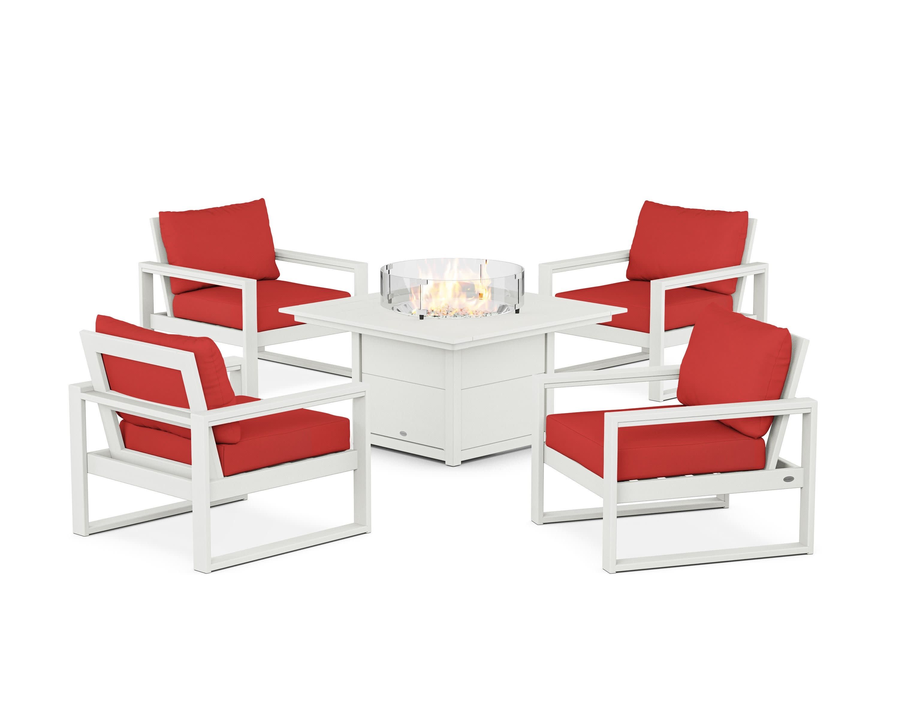 EDGE Sectional 5-Piece Deep Seating Set with Fire Pit Table in Vintage White / Crimson Linen