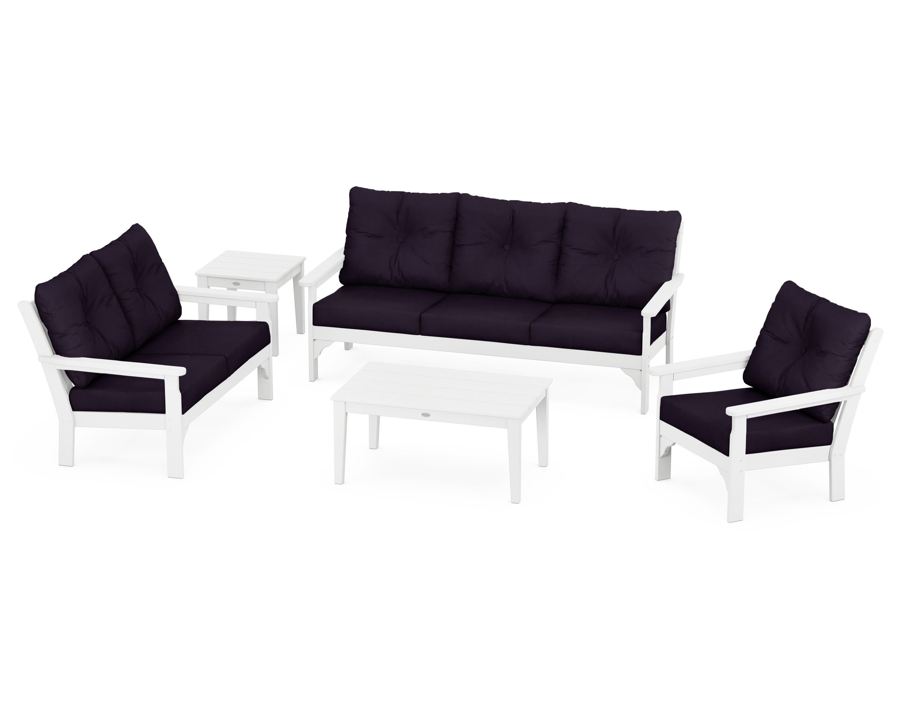 Vineyard 5 Piece Deep Seating Set in White / Navy Linen
