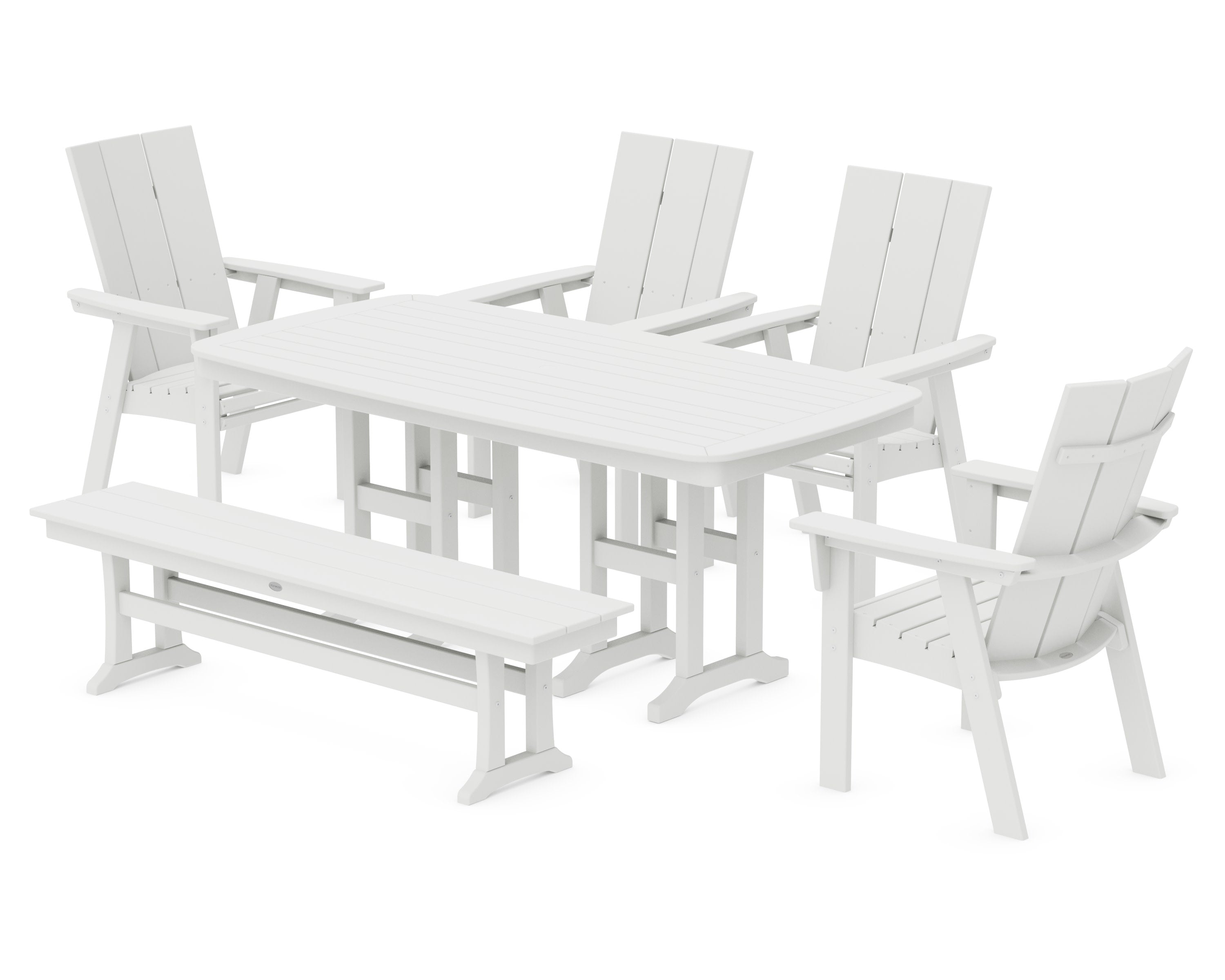 Modern Curveback Adirondack 6-Piece Dining Set with Bench in White