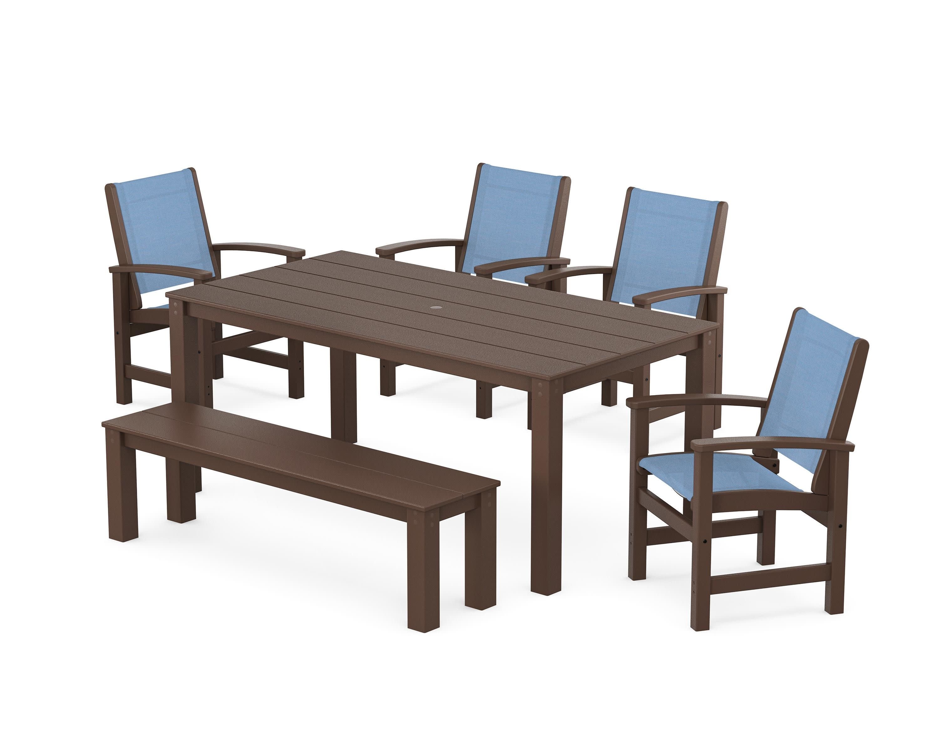 Coastal 6-Piece Parsons Dining Set with Bench in Mahogany / Poolside Sling