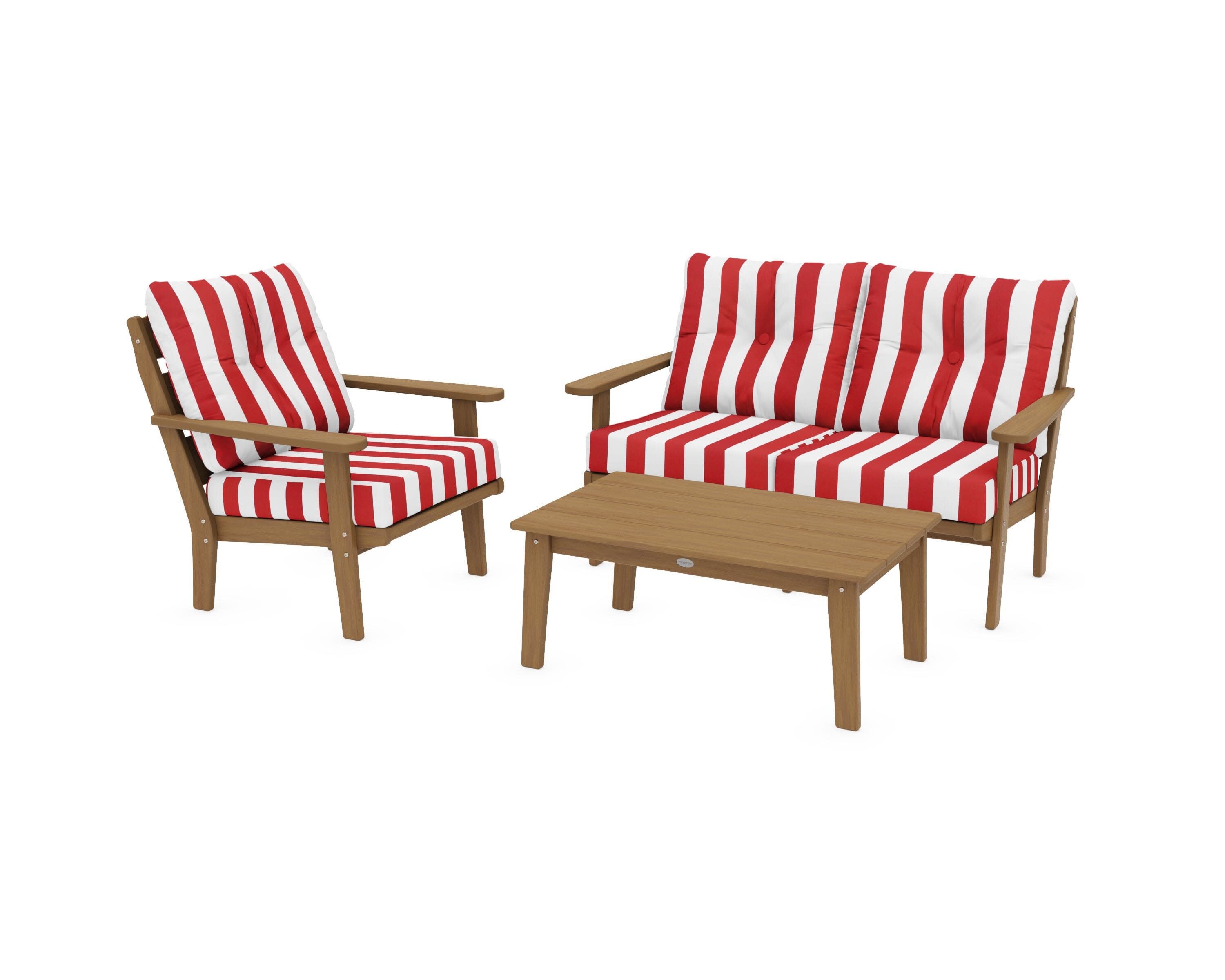 Lakeside 3-Piece Deep Seating Set in Natural / Cabana Stripe Crimson