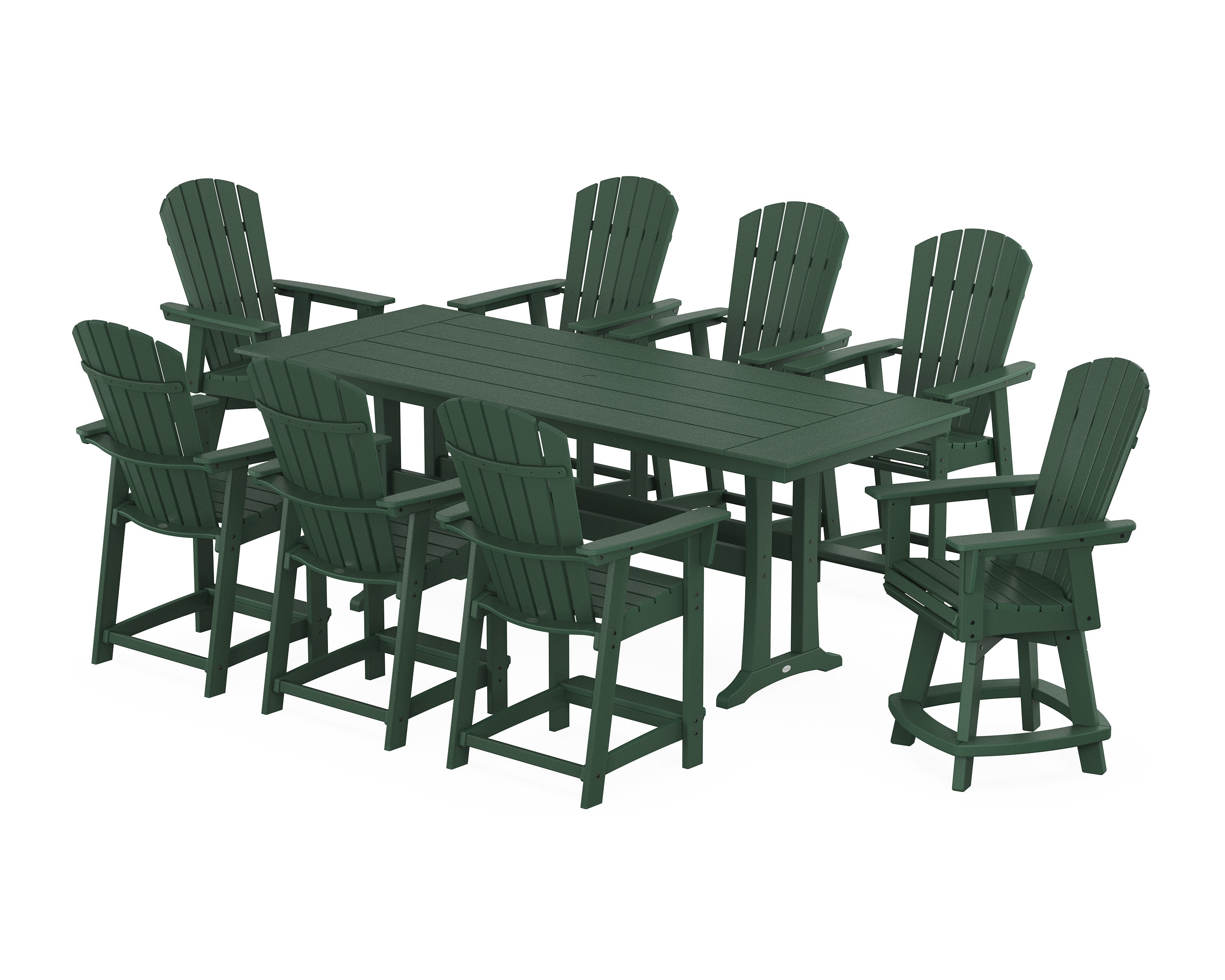 Nautical Curveback Adirondack Swivel Chair 9-Piece Farmhouse Counter Set with Trestle Legs in Green