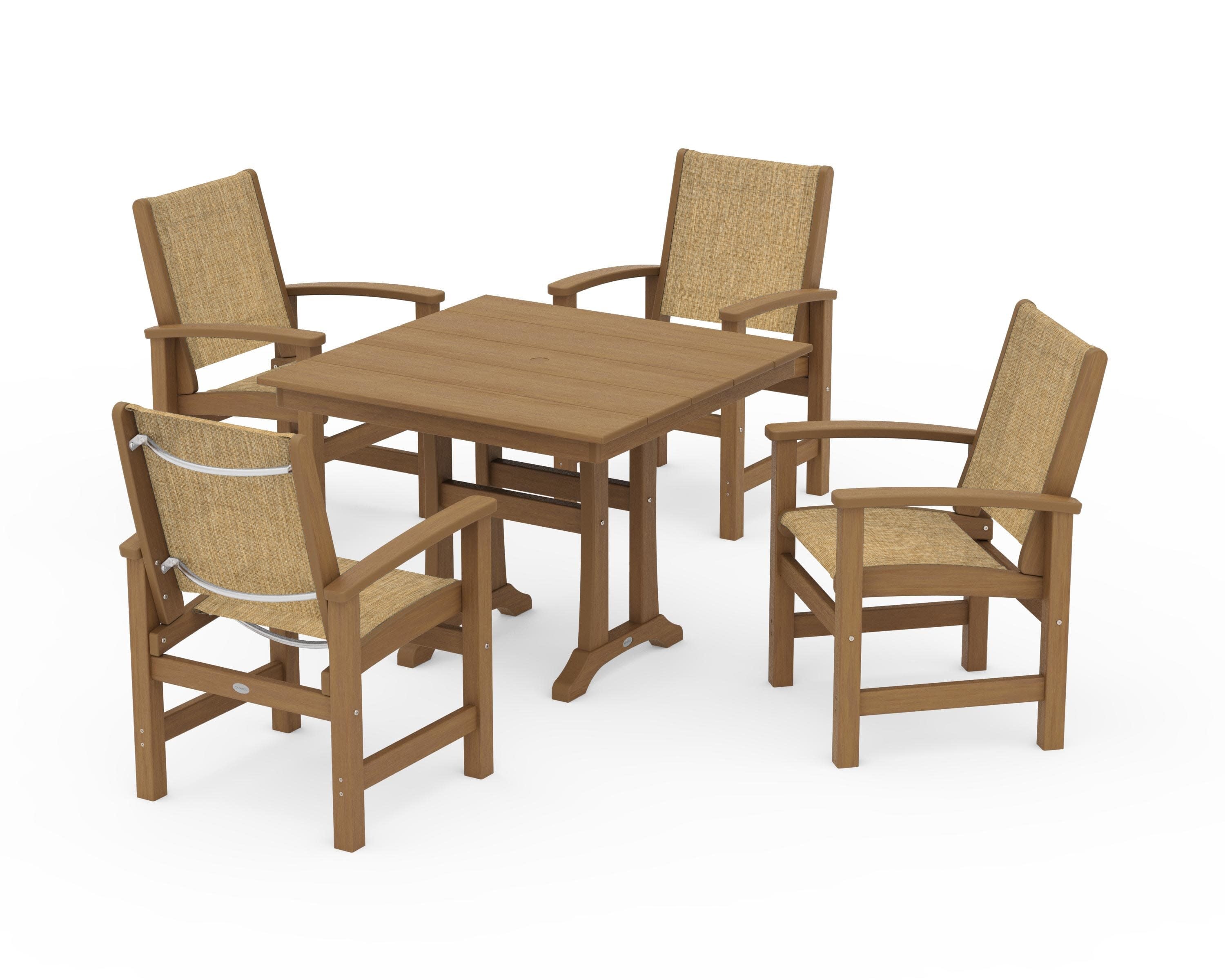 Coastal 5-Piece Farmhouse Dining Set With Trestle Legs in Natural / Burlap Sling