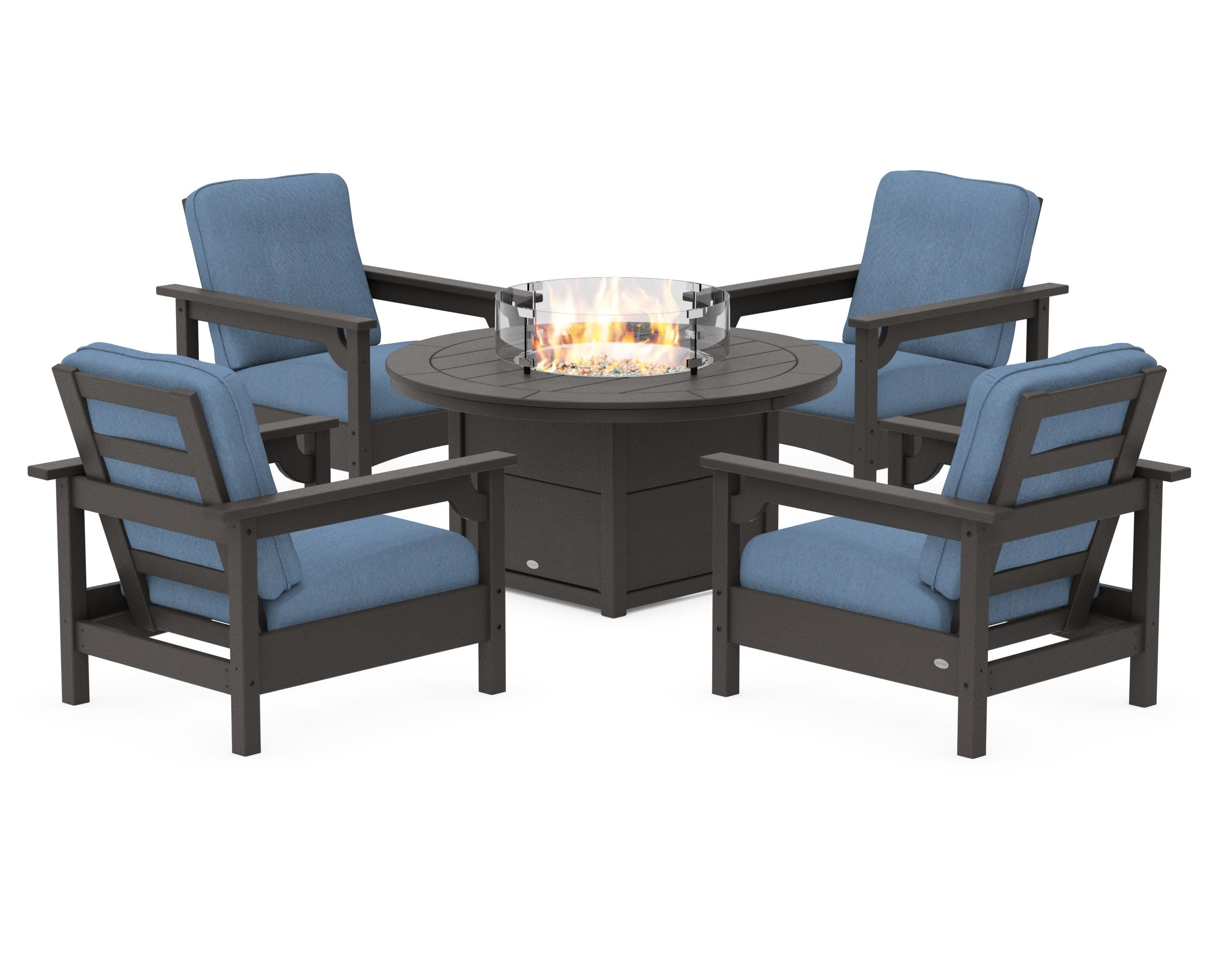 Club 5-Piece Conversation Set with Fire Pit Table in Vintage Coffee / Sky Blue