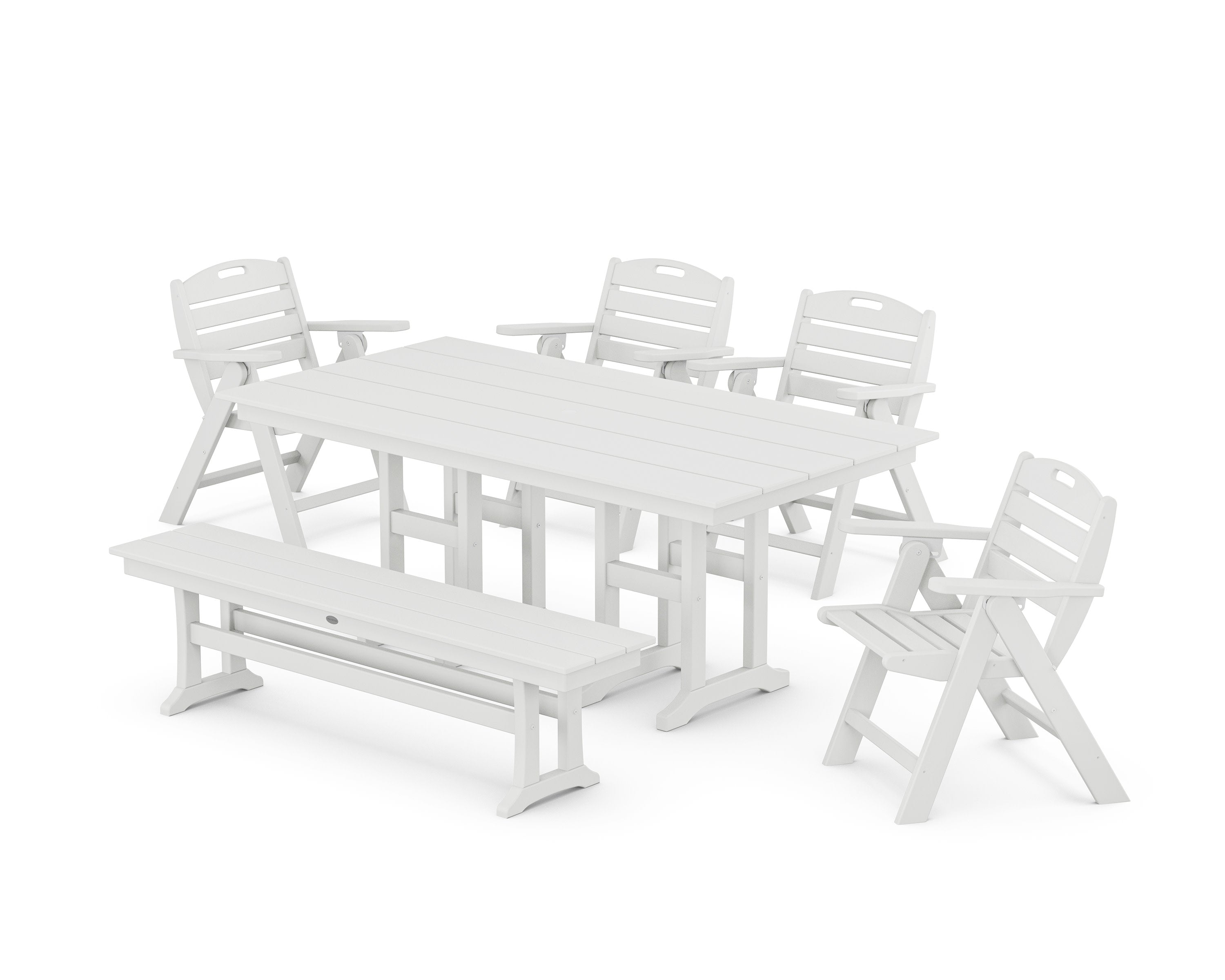 Nautical Lowback 6-Piece Farmhouse Dining Set with Bench in White