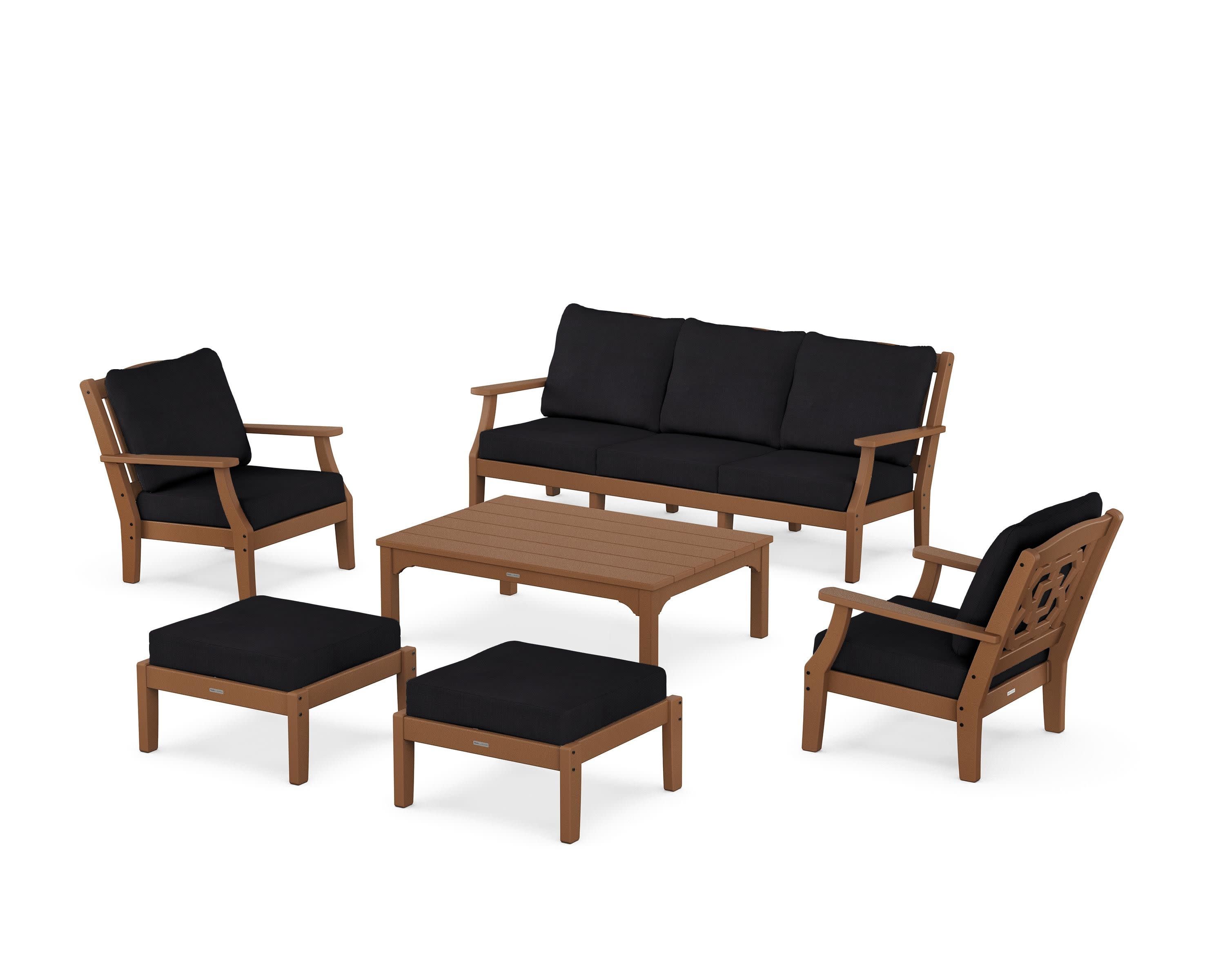 Chinoiserie 6-Piece Lounge Sofa Set in Teak / Midnight Linen