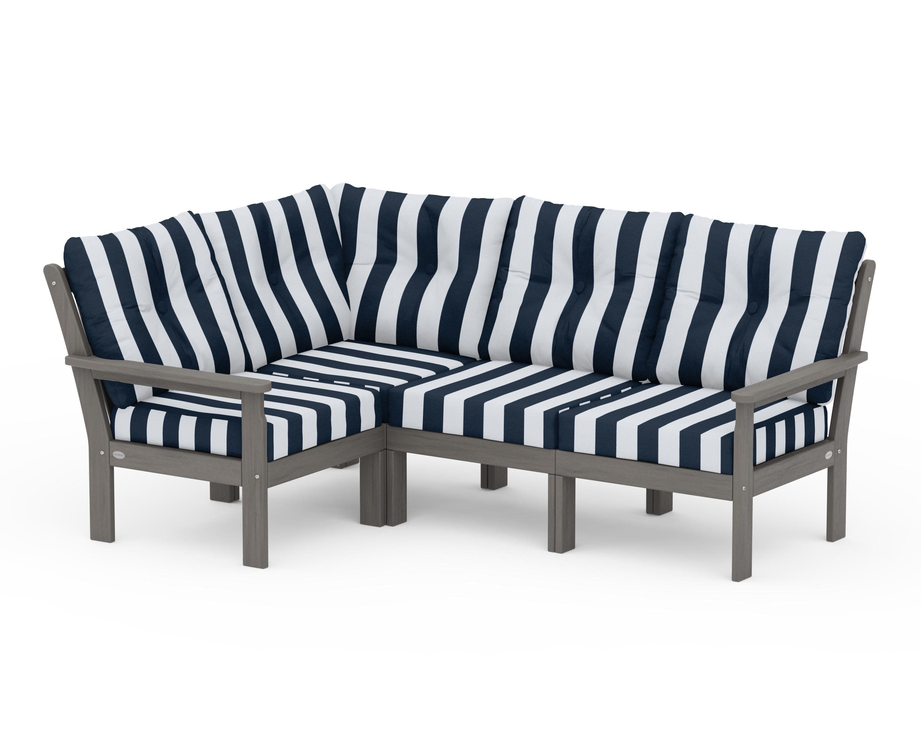 Vineyard 4-Piece Sectional in Driftwood / Cabana Stripe Marine Indigo