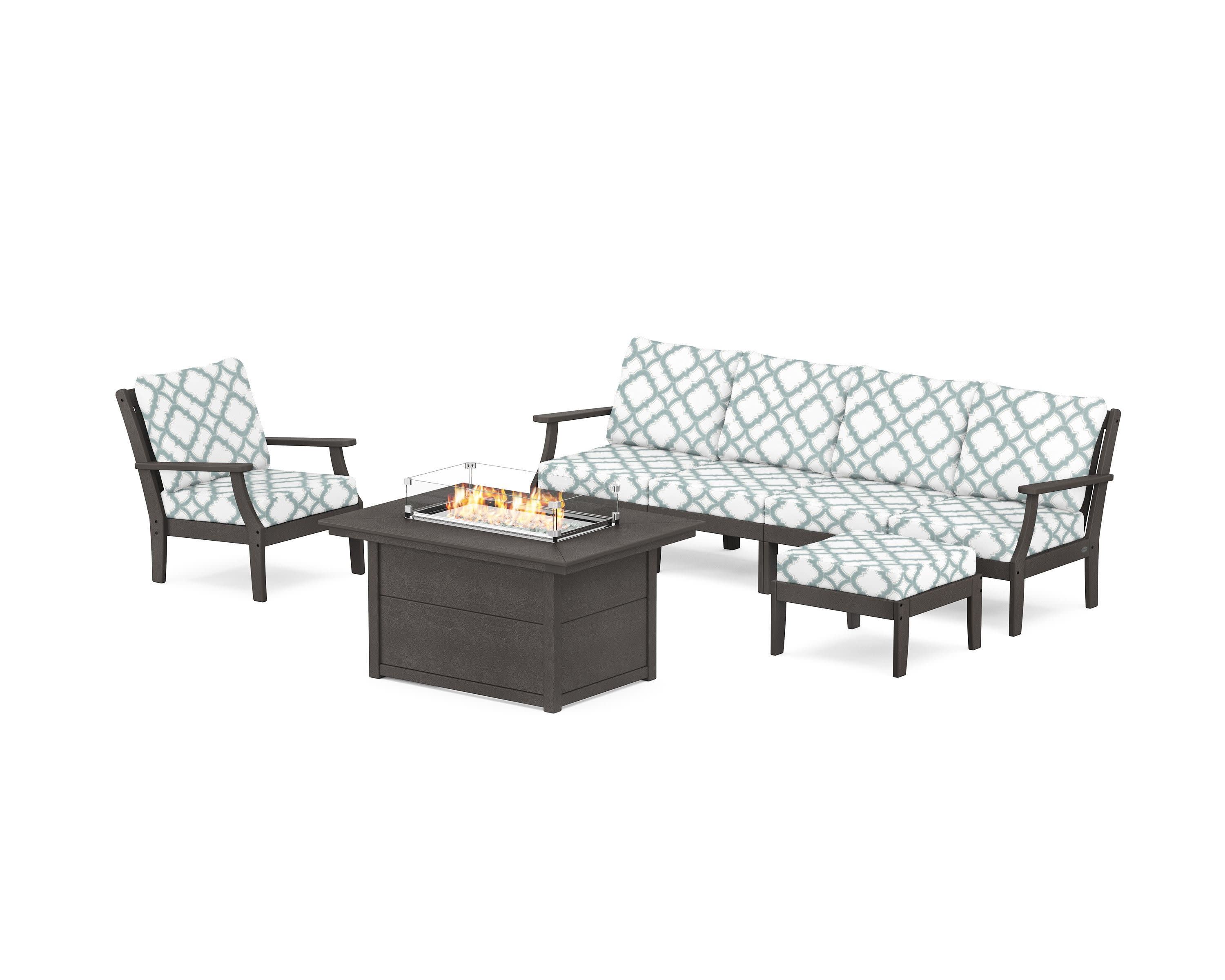 Braxton Sectional Lounge and Fire Pit Set in Vintage Coffee / Trellis Glacier Spa