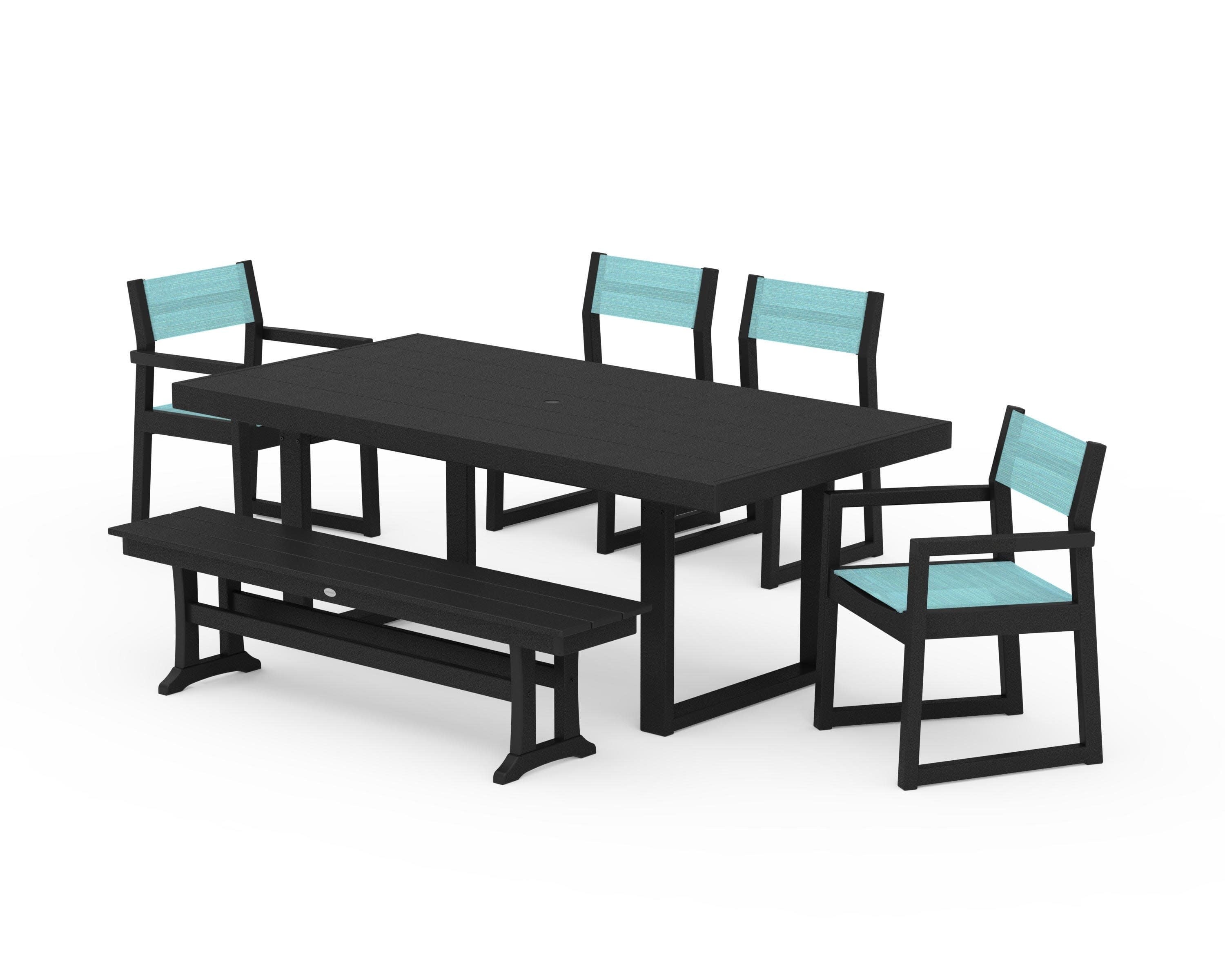EDGE Sling 6-Piece Dining Set with Bench in Black / Dupioni Aquamarine Sling