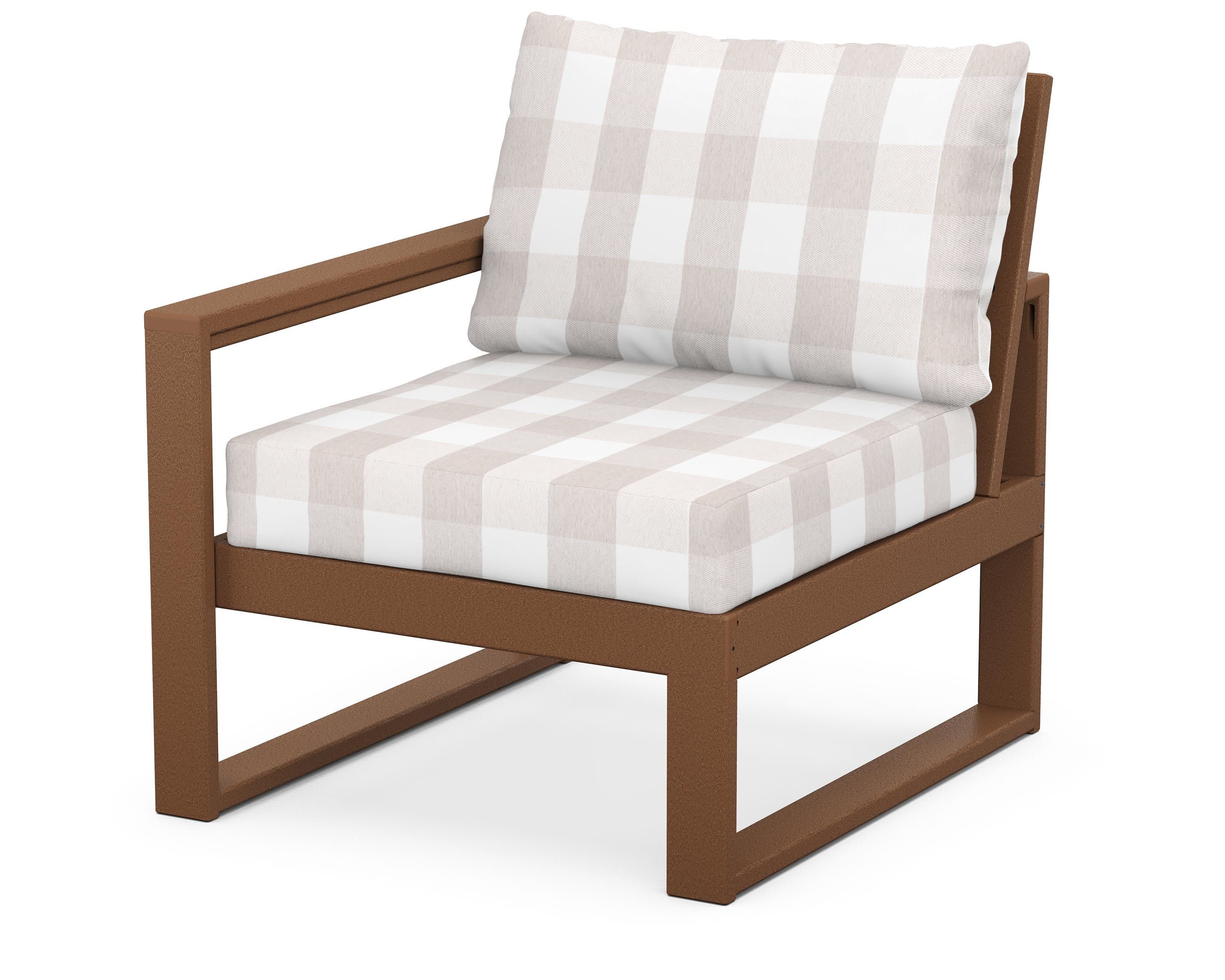 EDGE Modular Left Arm Chair in Teak / Buffalo Plaid Dune Burlap