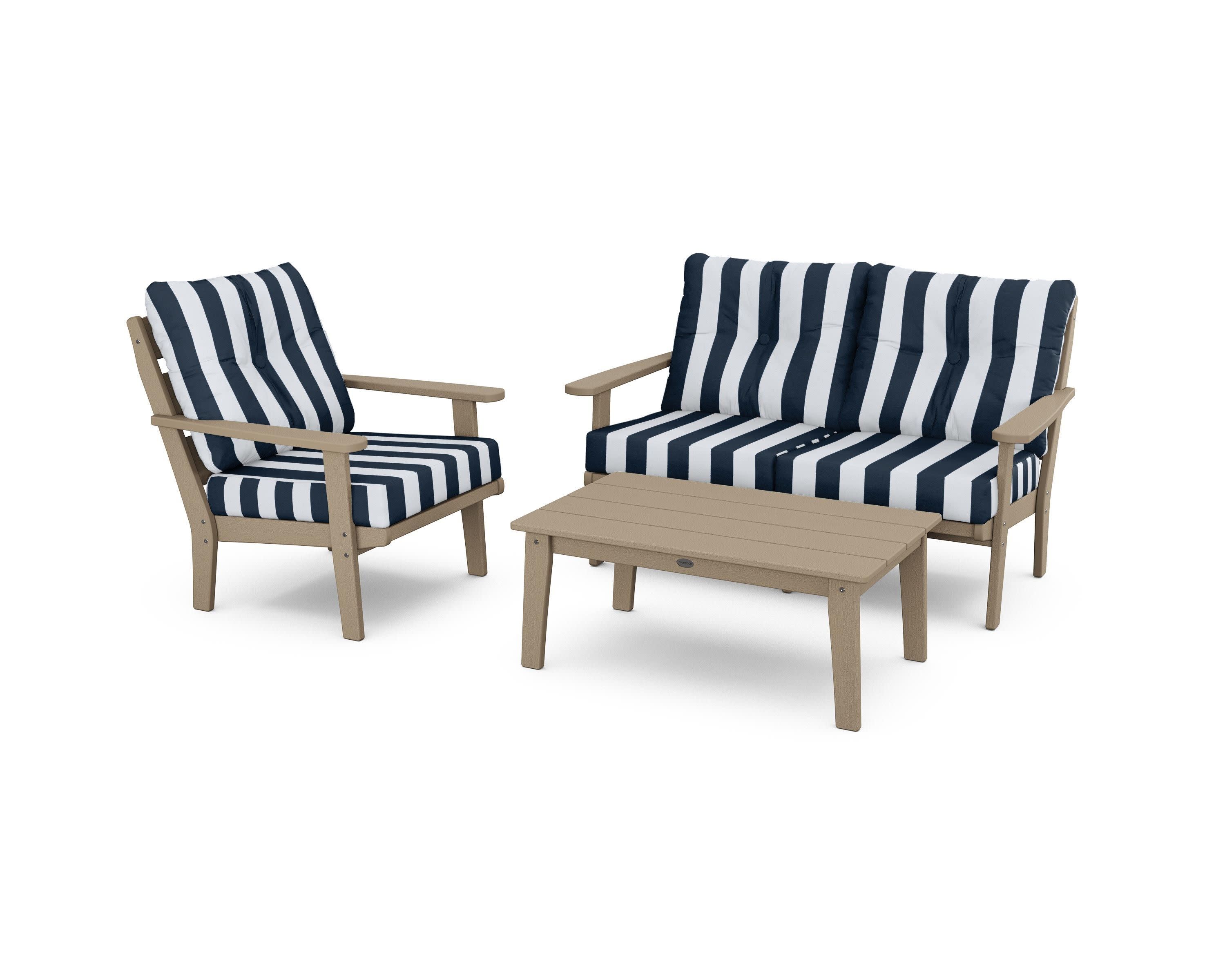 Lakeside 3-Piece Deep Seating Set in Vintage Sahara / Cabana Stripe Marine Indigo