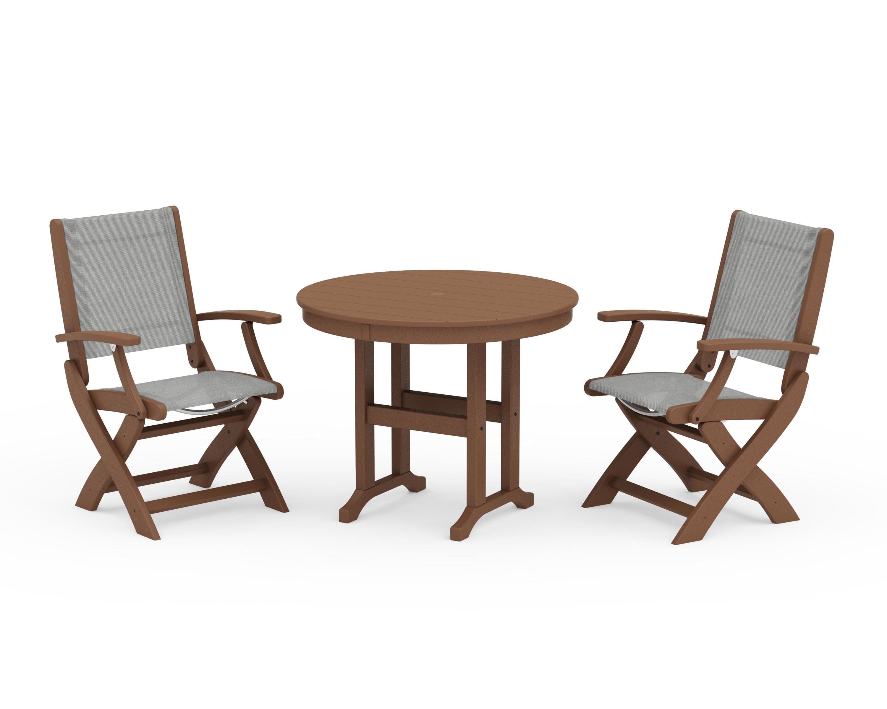 Coastal Folding Chair 3-Piece Round Dining Set in Teak / Metallic Sling