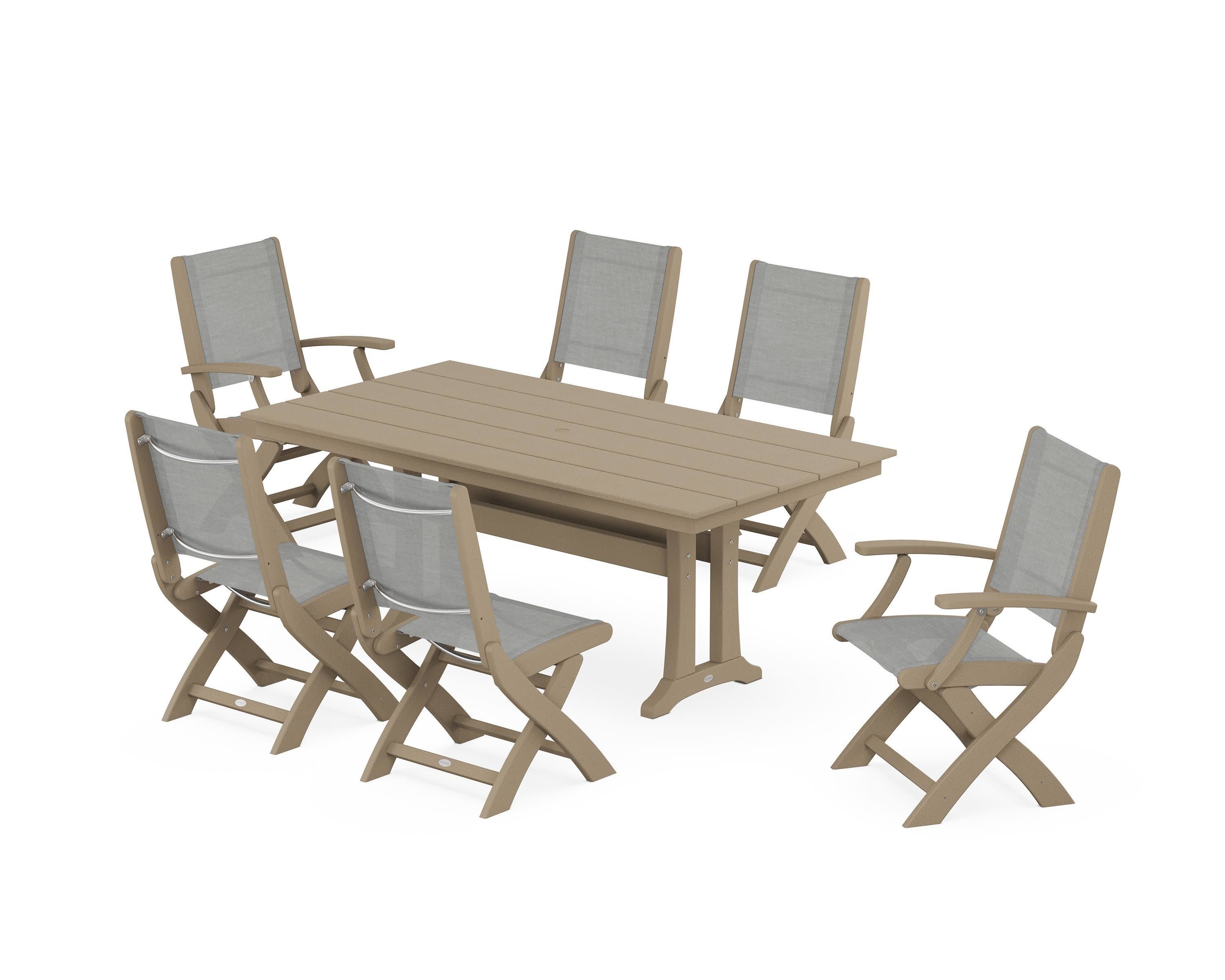 Coastal Folding Chair 7-Piece Farmhouse Dining Set with Trestle Legs in Vintage Sahara / Metallic Sling