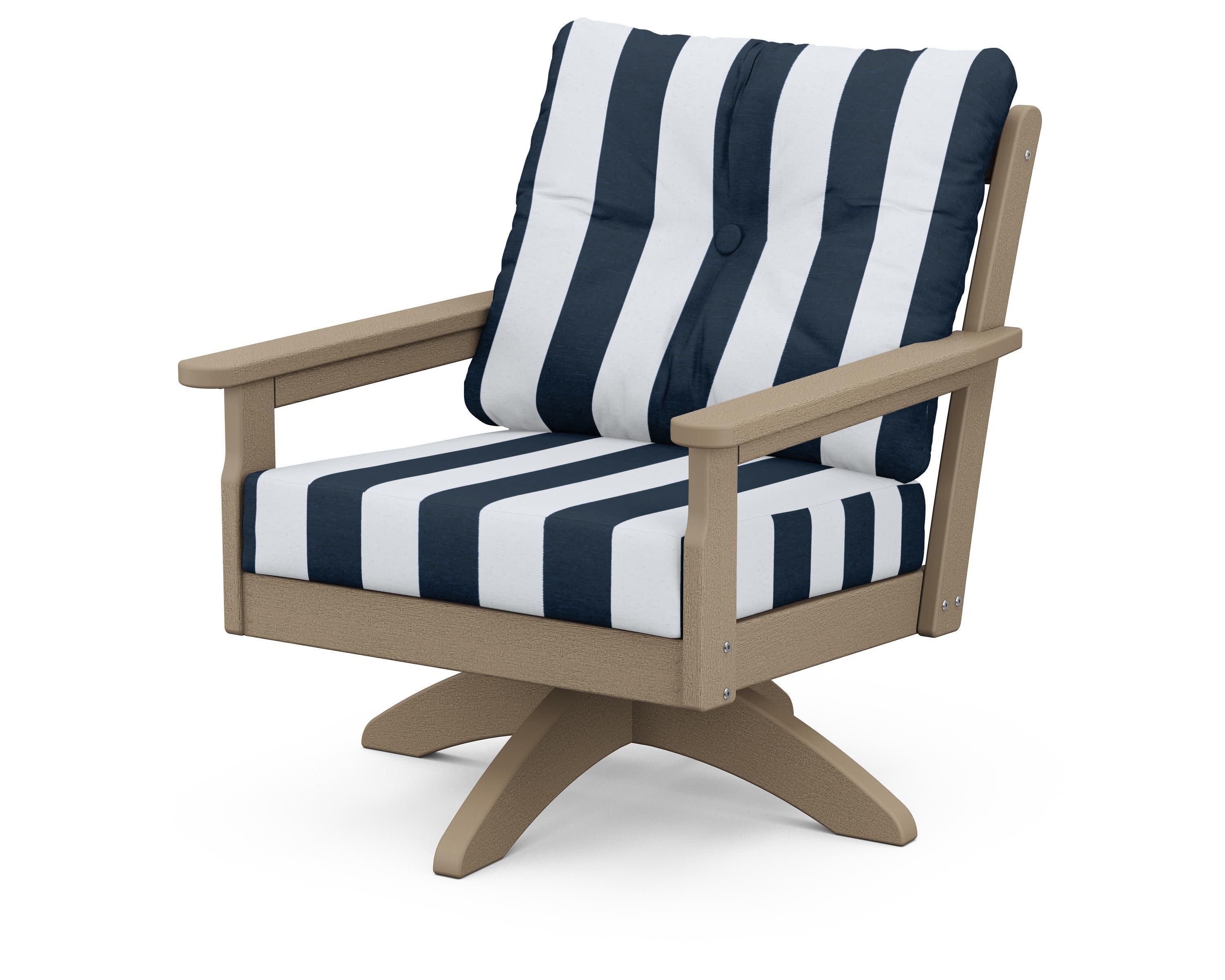 Vineyard Deep Seating Swivel Chair in Vintage Sahara / Cabana Stripe Marine Indigo