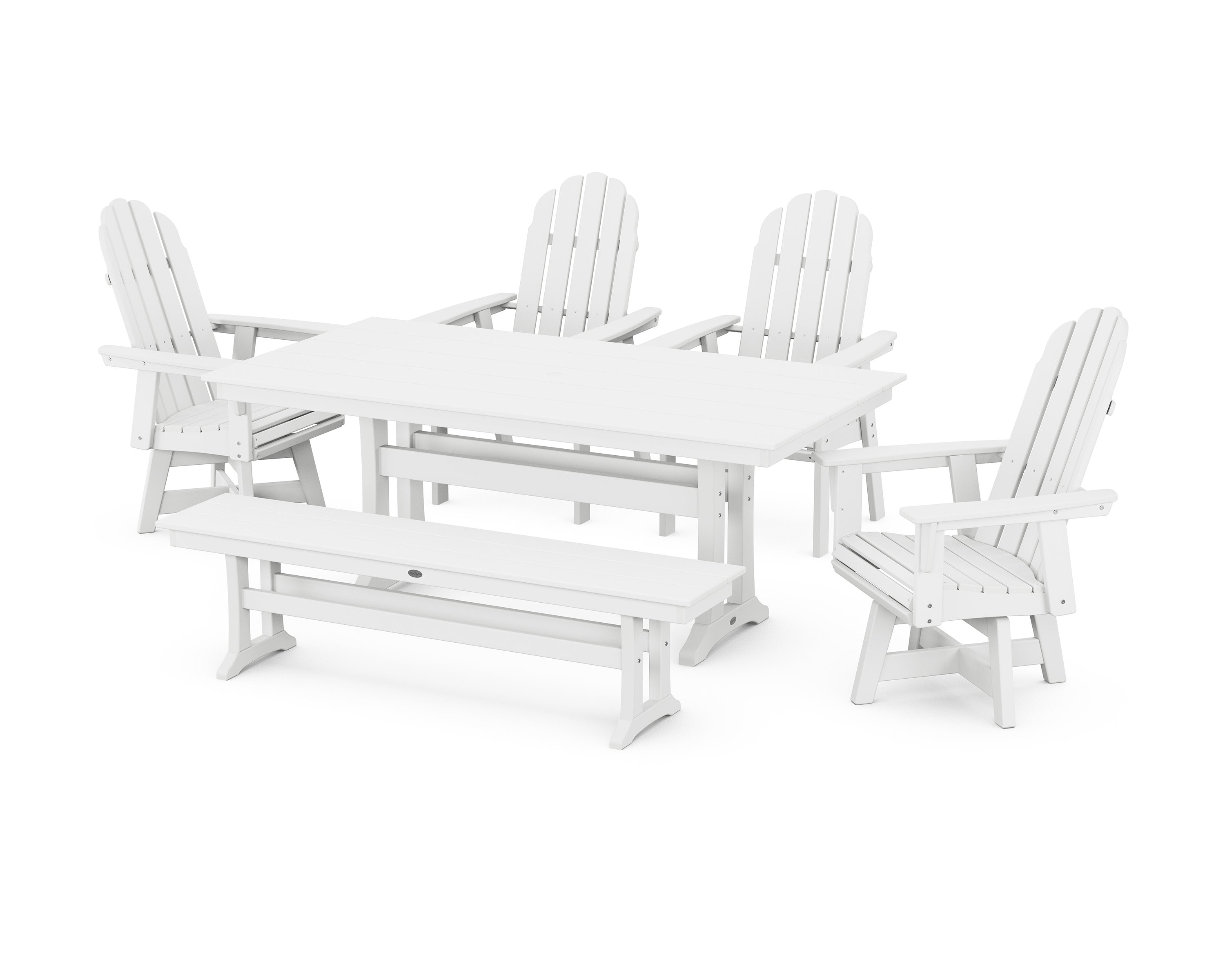 Vineyard Curveback Adirondack 6-Piece Swivel Chair Farmhouse Dining Set with Trestle Legs and Bench in White