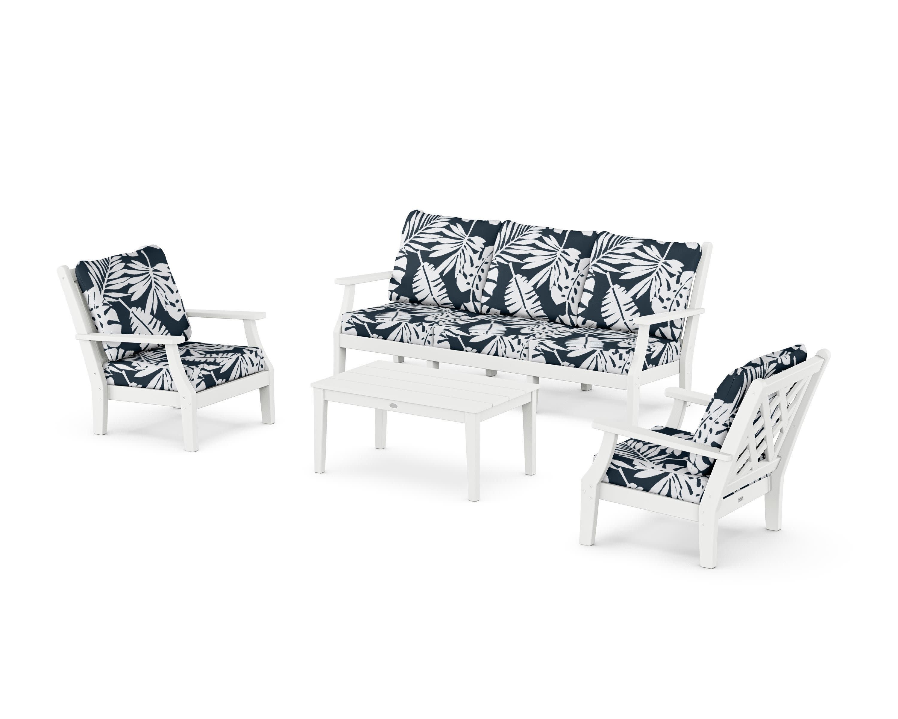 Wovendale 4-Piece Deep Seating Set with Sofa in White / Leaf Marine Indigo