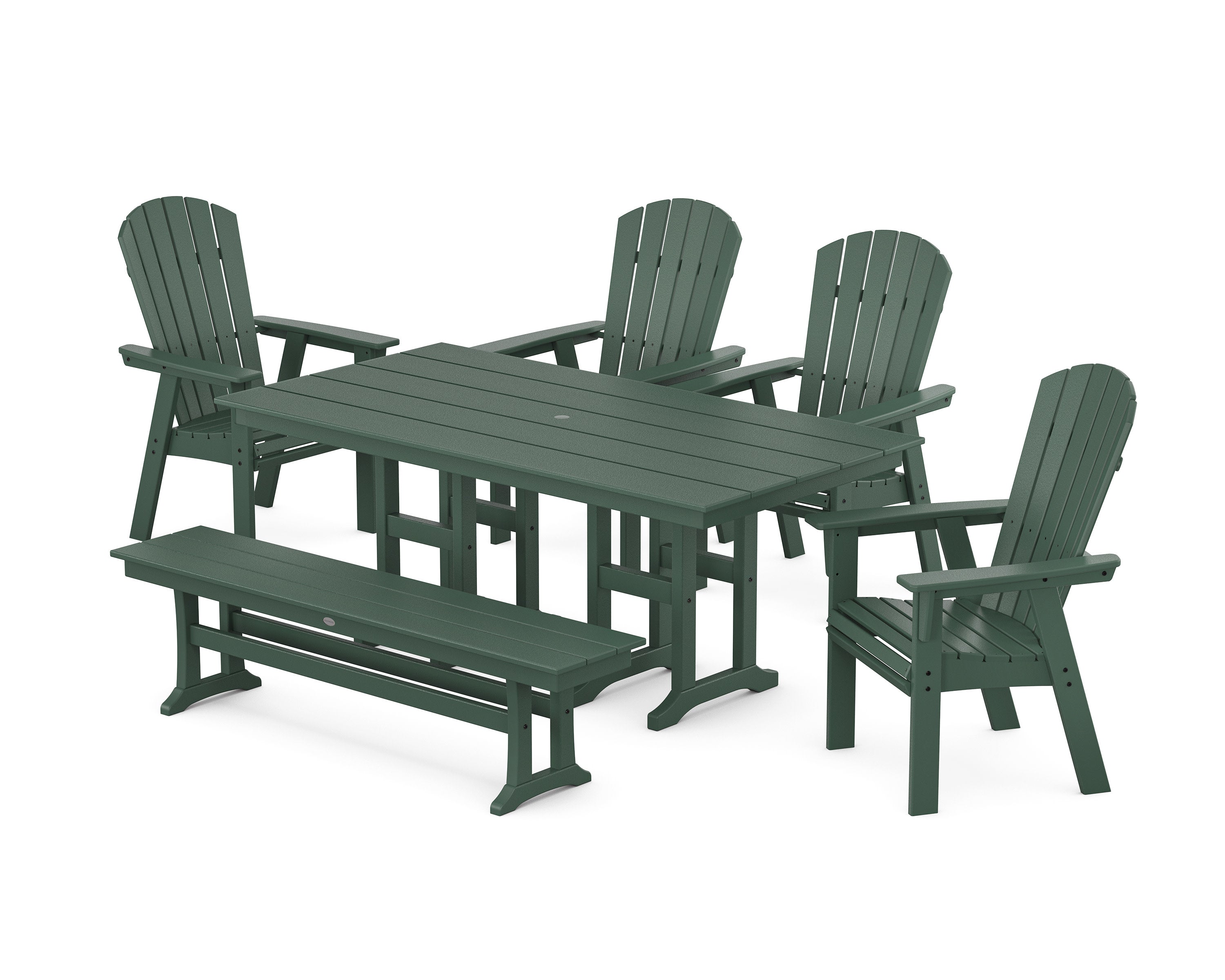 Nautical Curveback Adirondack 6-Piece Farmhouse Dining Set with Bench in Green