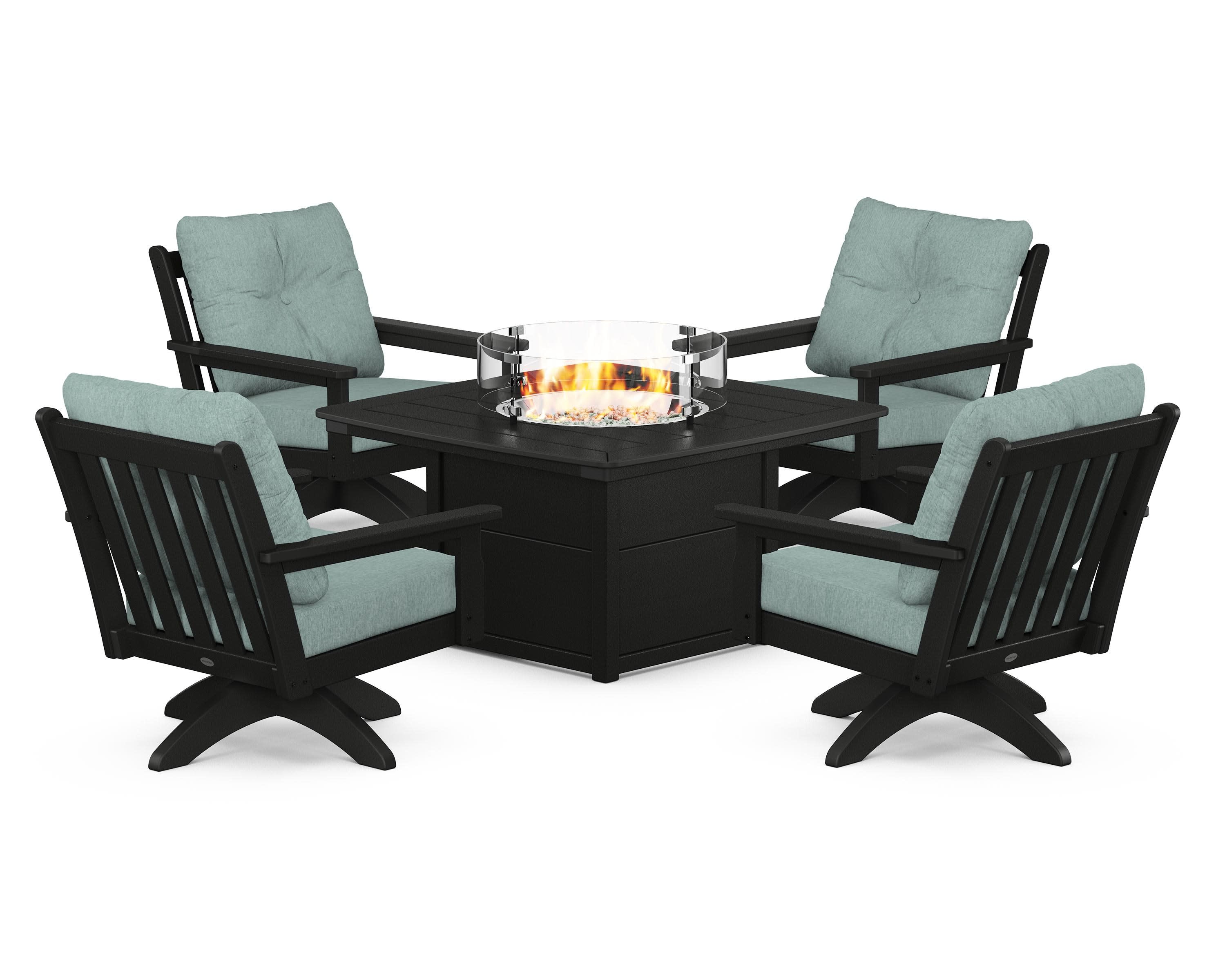 Vineyard 5-Piece Deep Seating Swivel Conversation Set with Fire Pit Table in Black / Glacier Spa