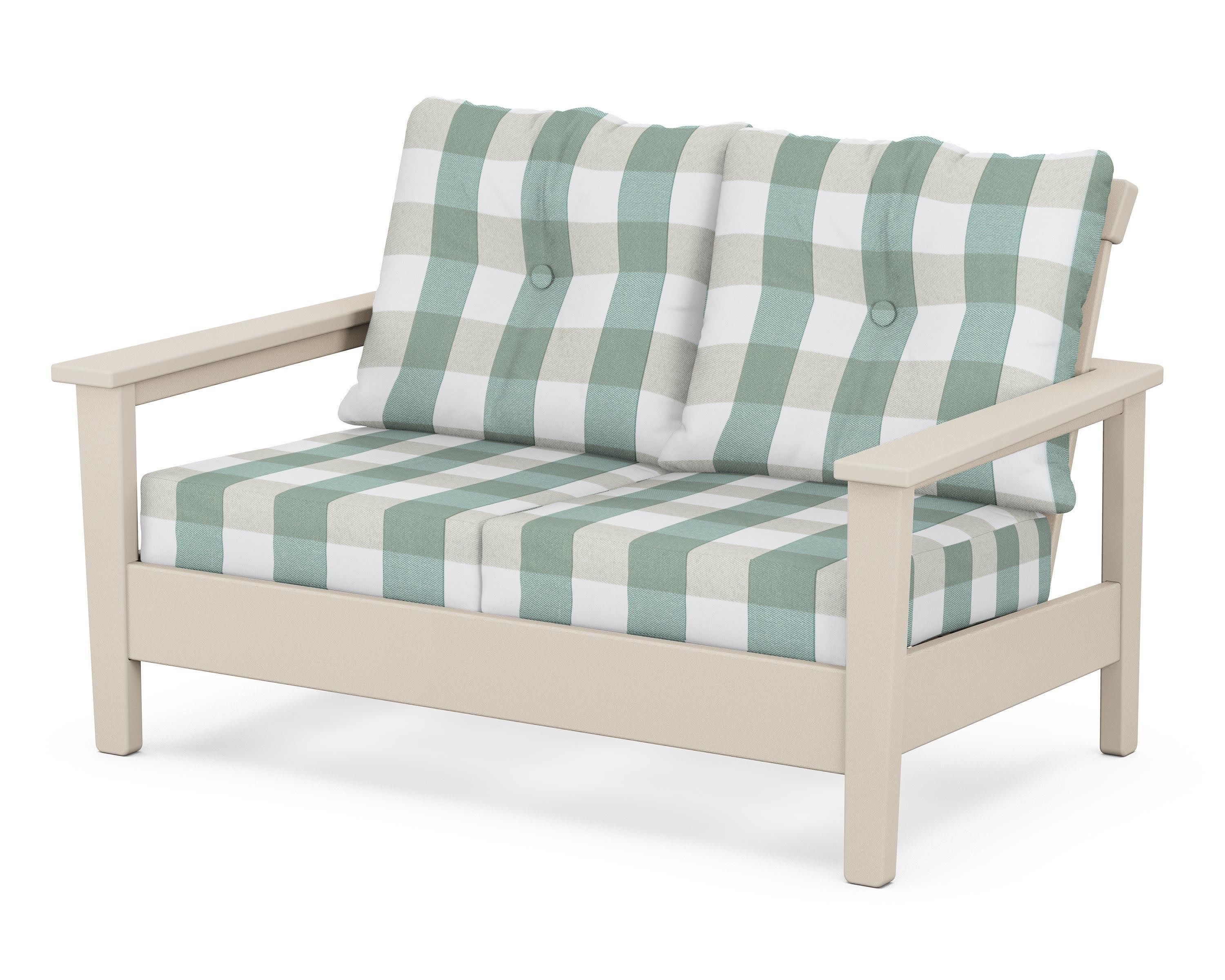 Prescott Deep Seating Loveseat in Sand / Buffalo Plaid Glacier Spa