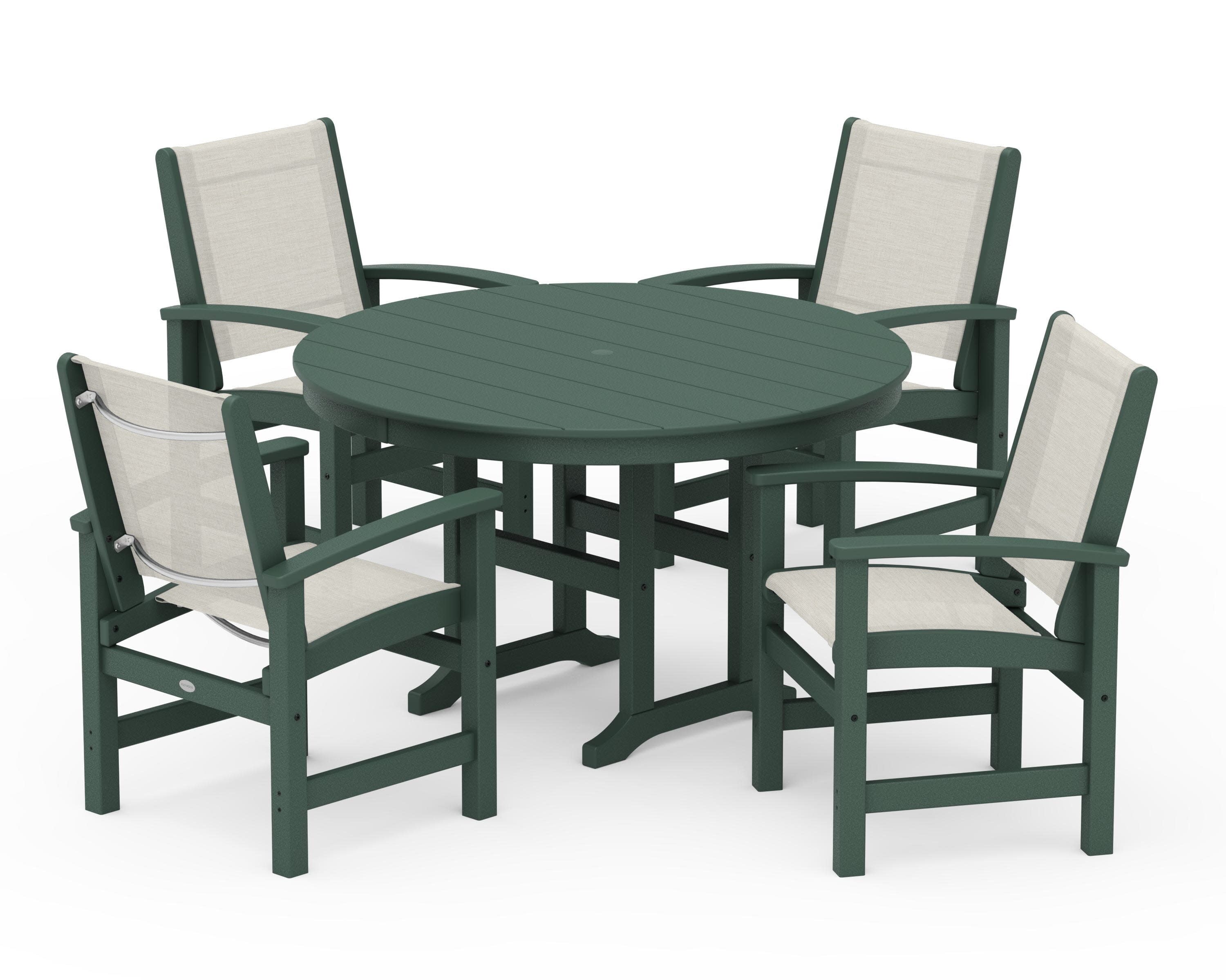 Coastal 5-Piece Round Farmhouse Dining Set in Green / Parchment Sling