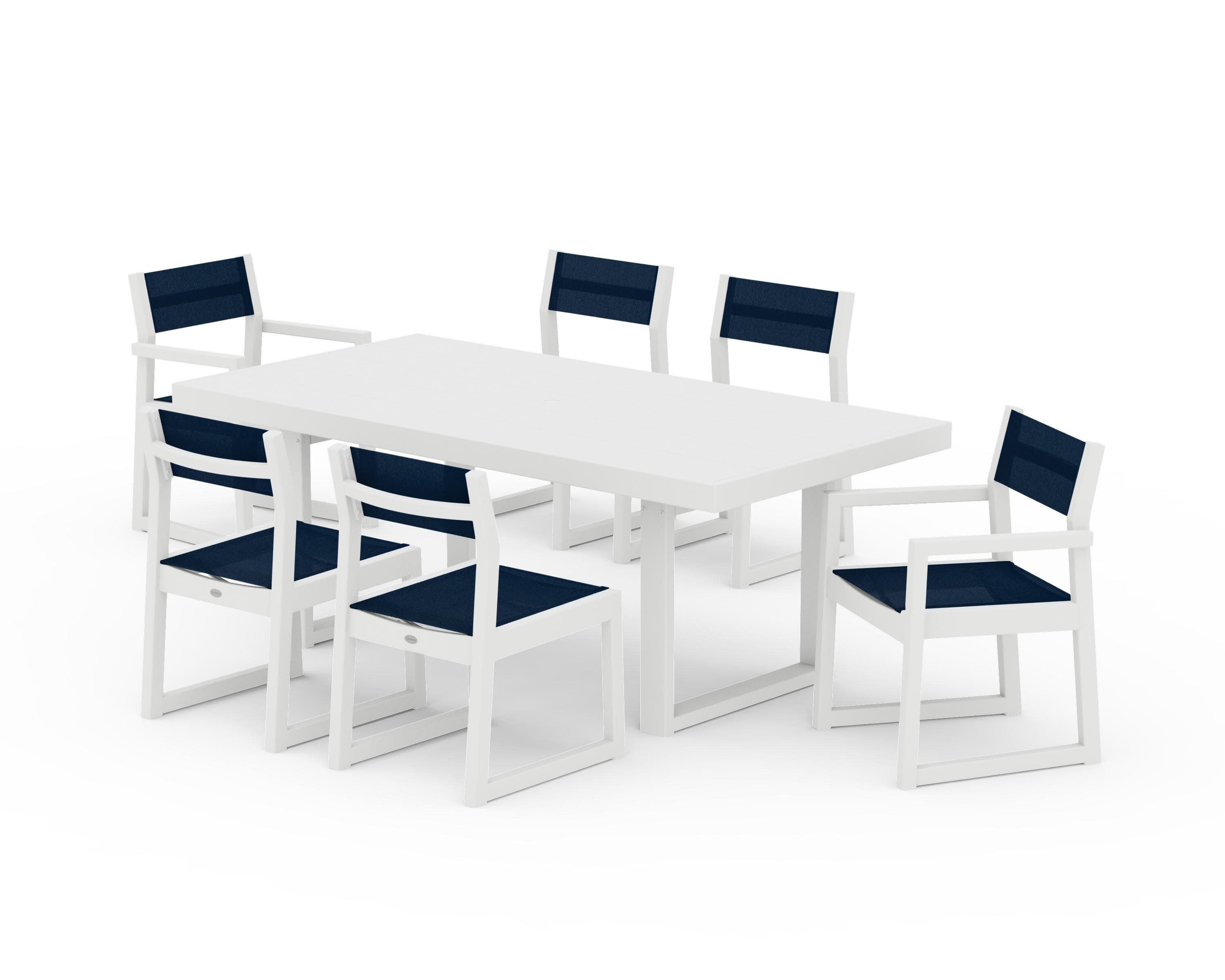 EDGE Sling 7-Piece Dining Set in White / Navy Blue Sling