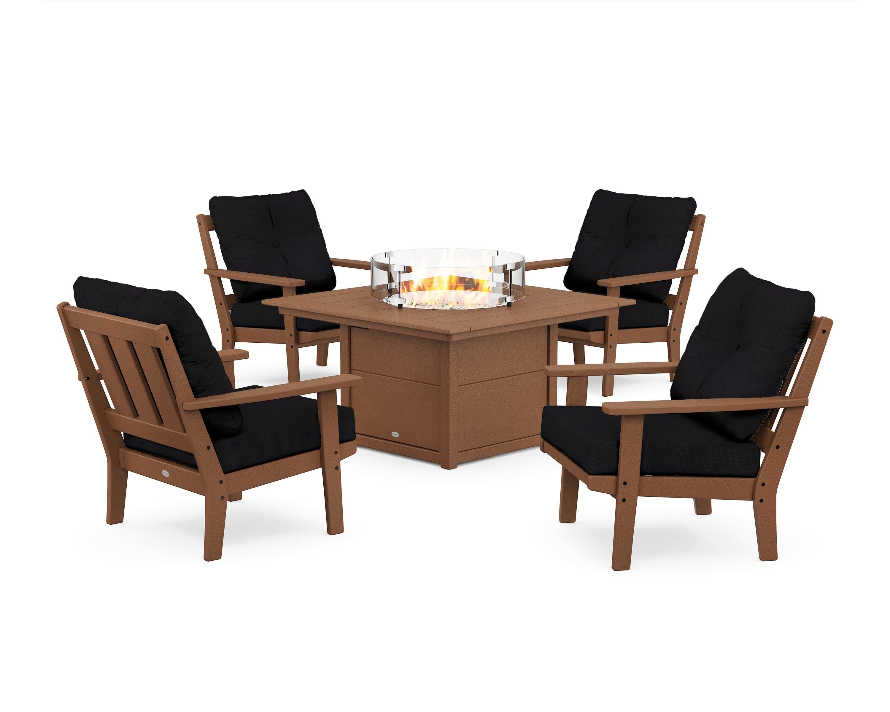 Oxford 5-Piece Deep Seating Set with Fire Pit Table in Teak / Midnight Linen