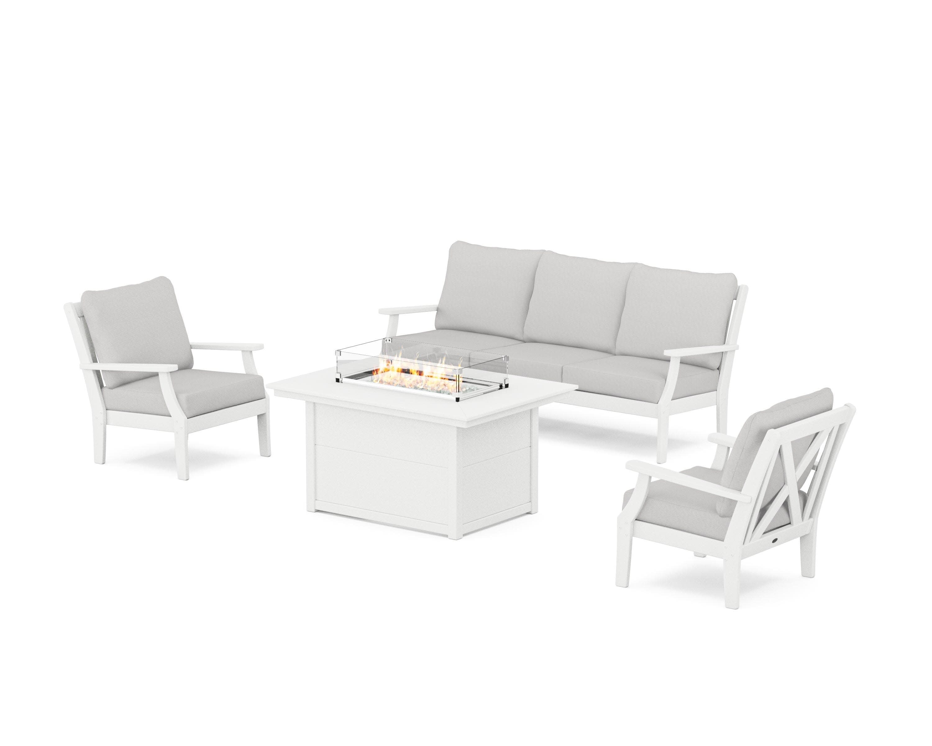 Braxton Deep Seating Fire Pit Table Set in White / Diamond in the Rough