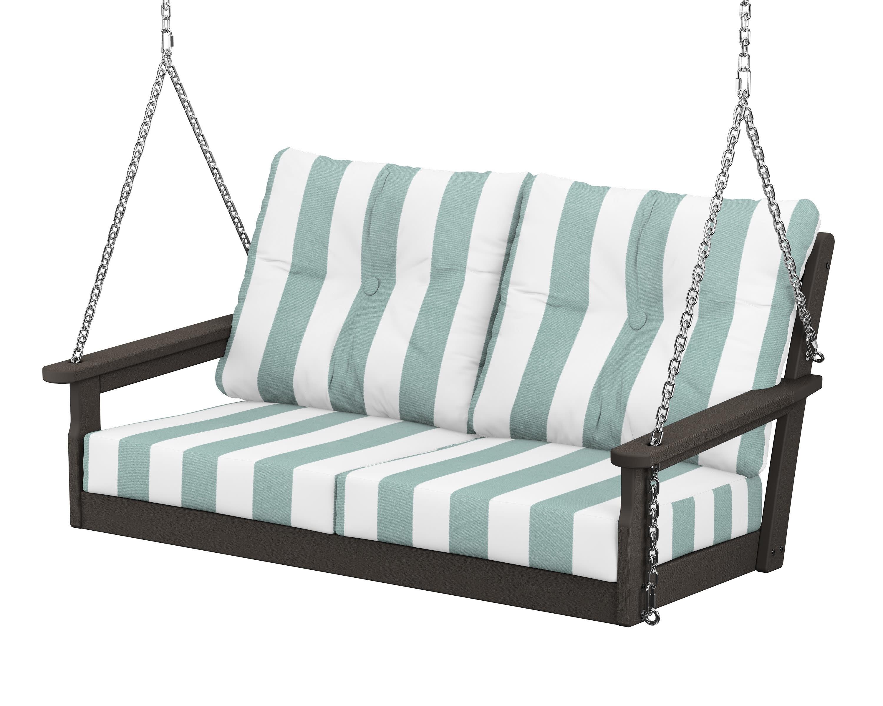 Vineyard Deep Seating Swing in Vintage Coffee / Cabana Stripe Glacier Spa