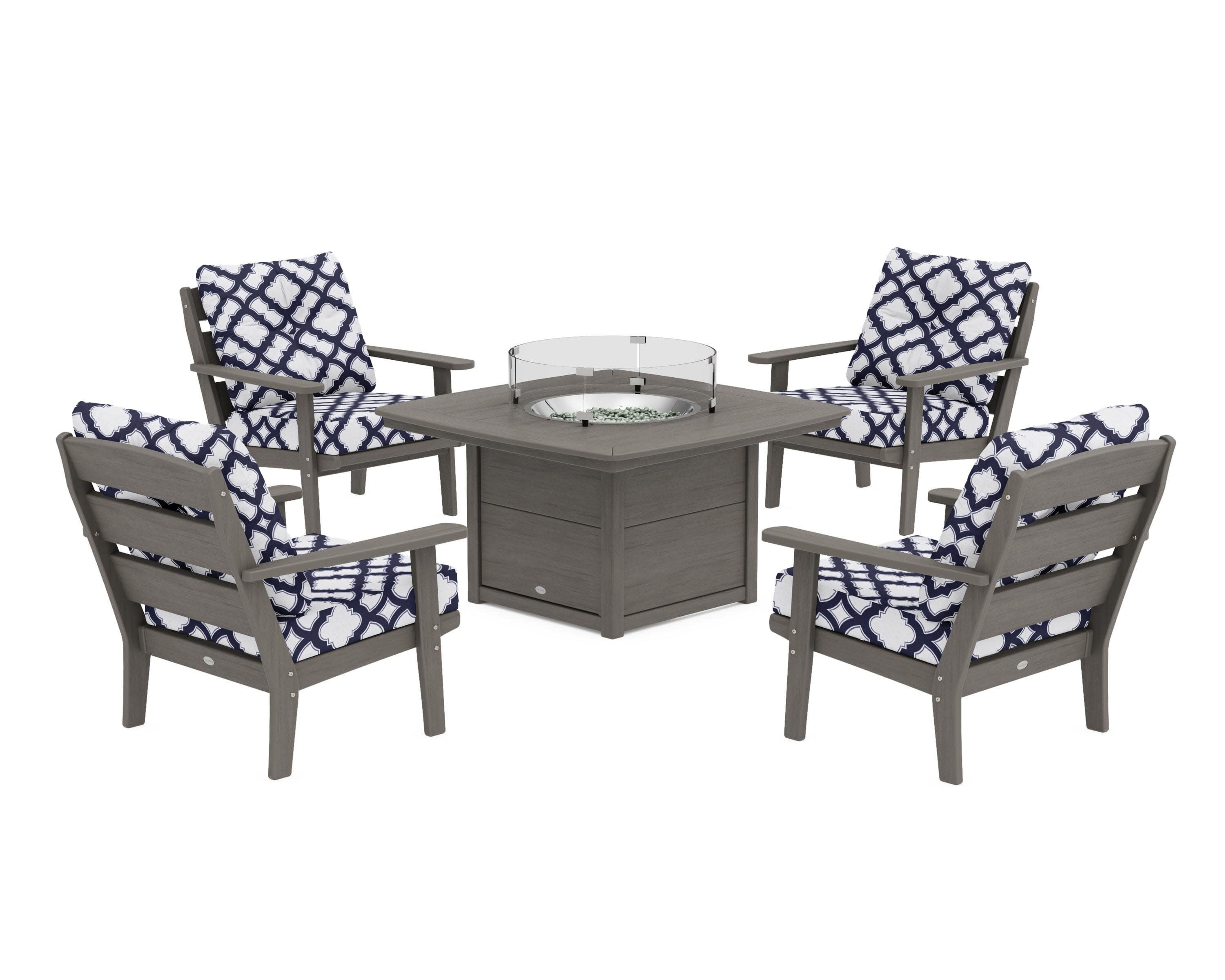 Lakeside 5-Piece Deep Seating Set with Nautical Fire Pit Table in Driftwood / Trellis Navy
