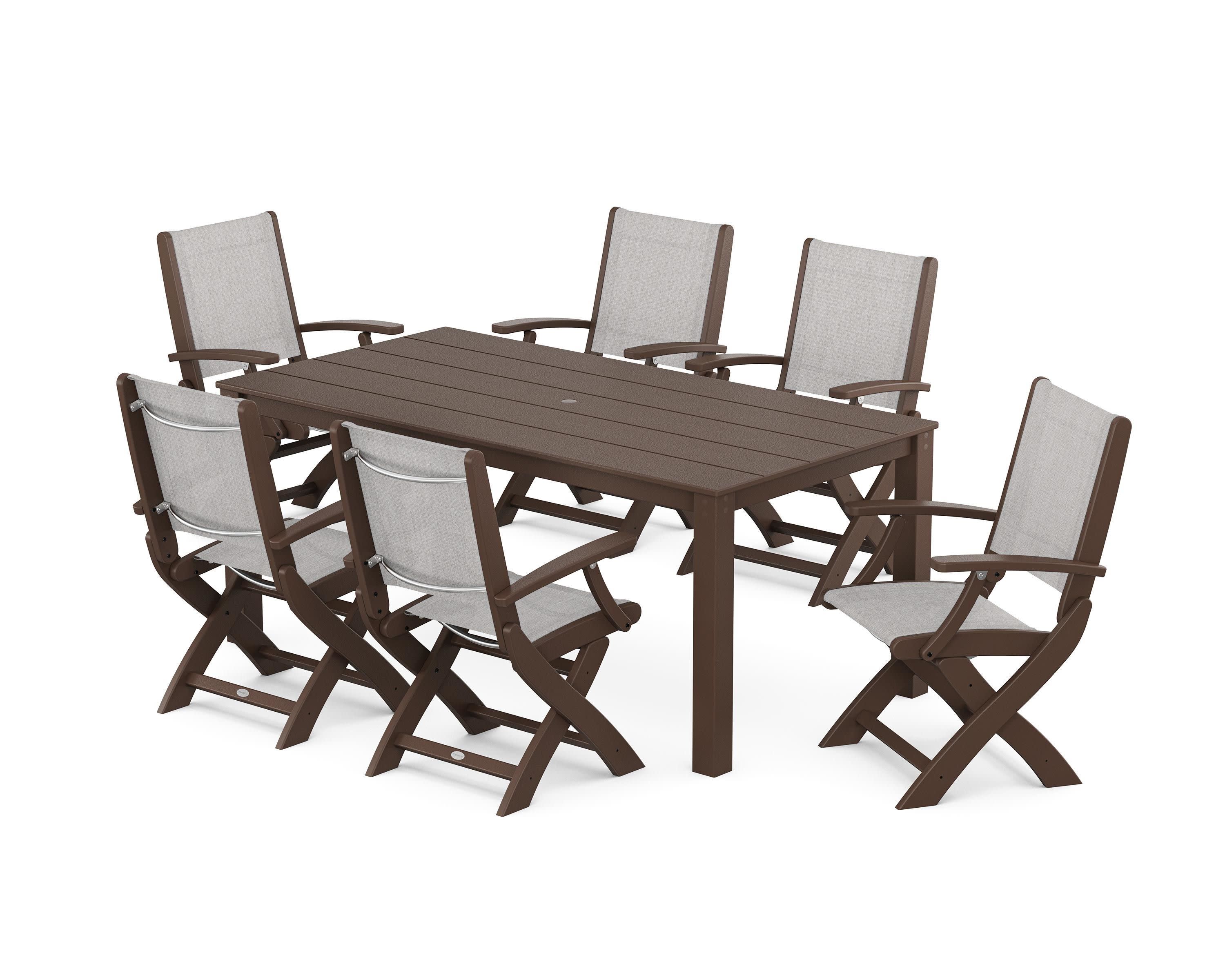 Coastal Folding Chair 7-Piece Parsons Dining Set in Mahogany / Parchment Sling