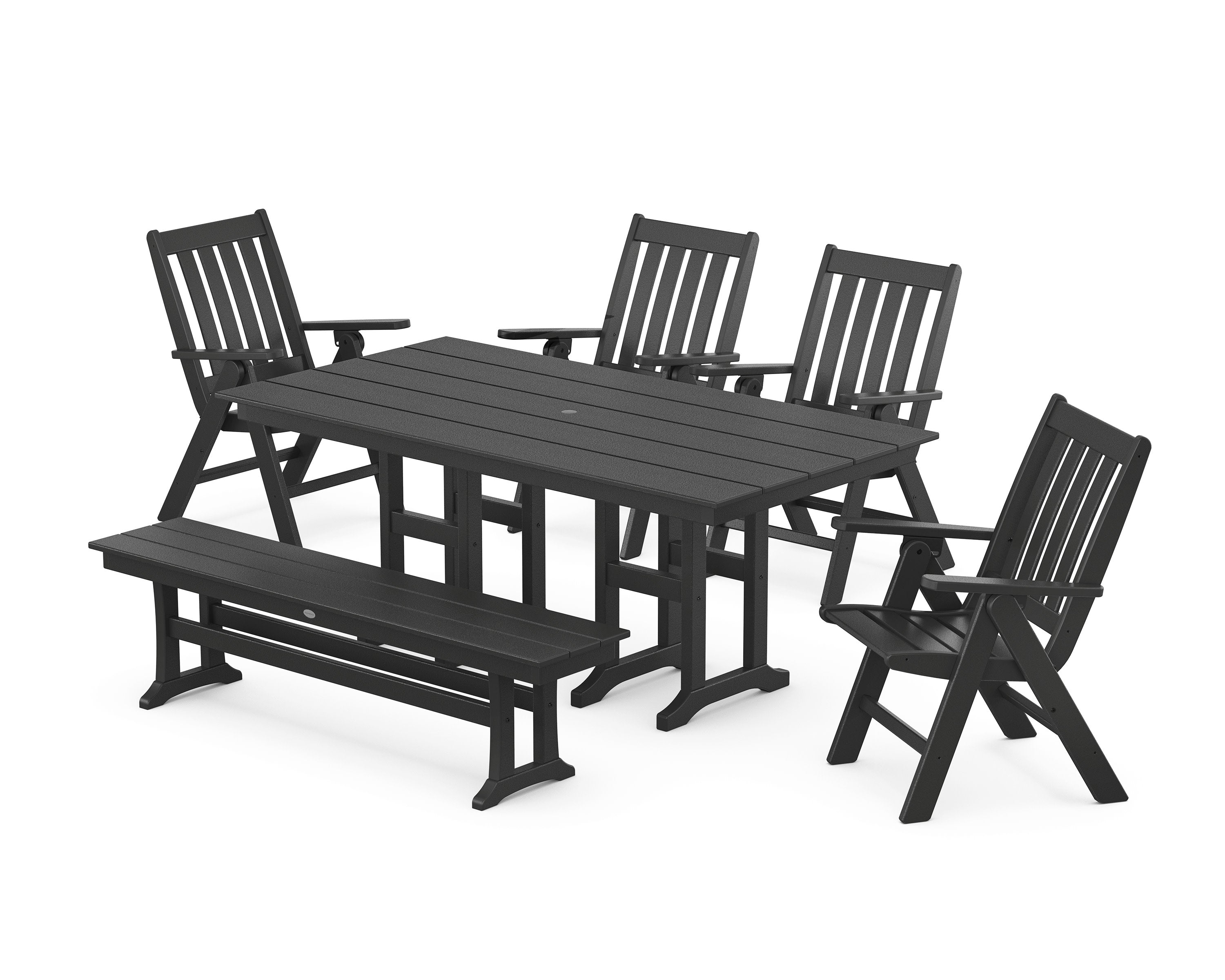 Vineyard Folding Chair 6-Piece Farmhouse Dining Set with Bench in Black