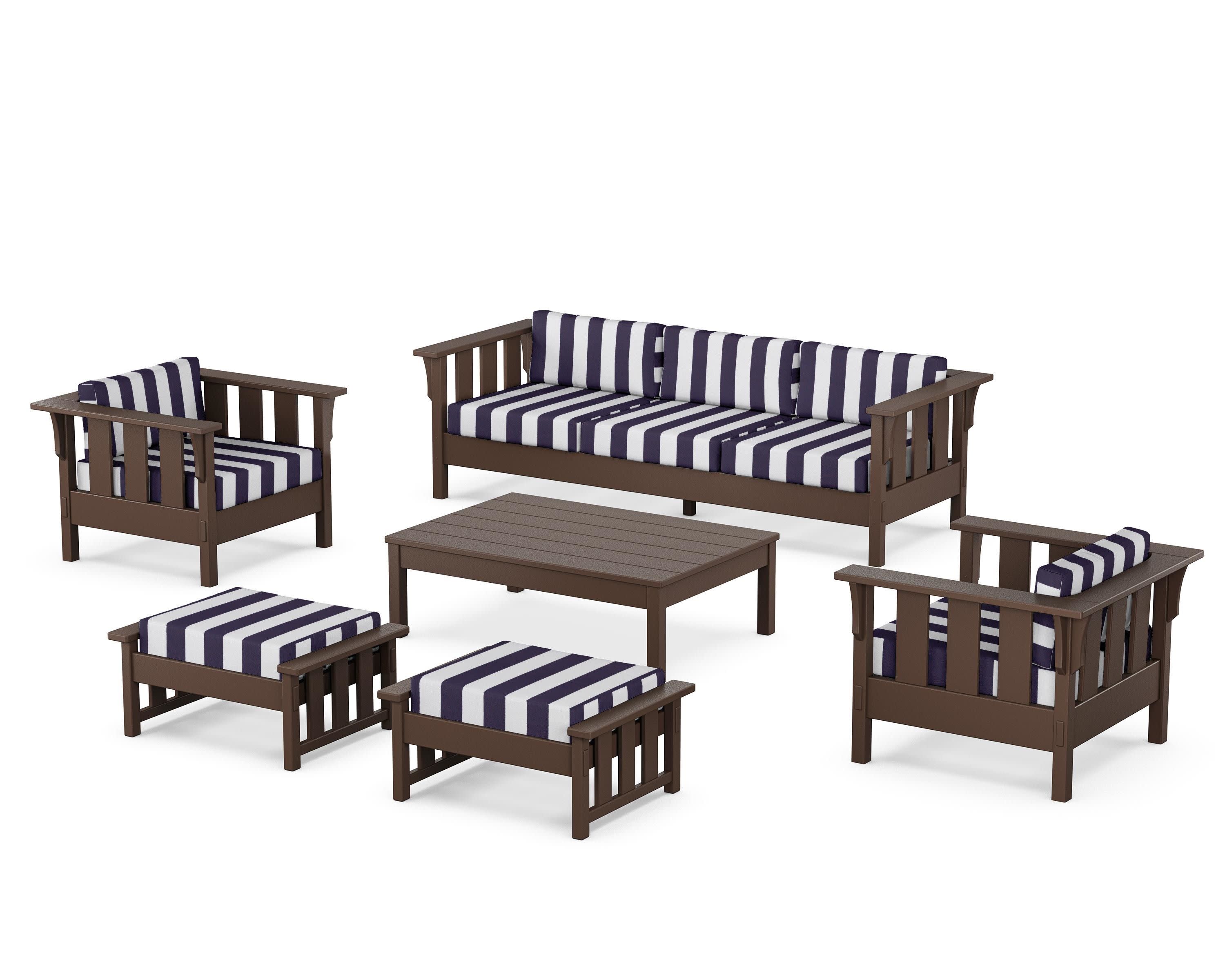 Acadia 6-Piece Lounge Sofa Set in Mahogany / Cabana Stripe Navy
