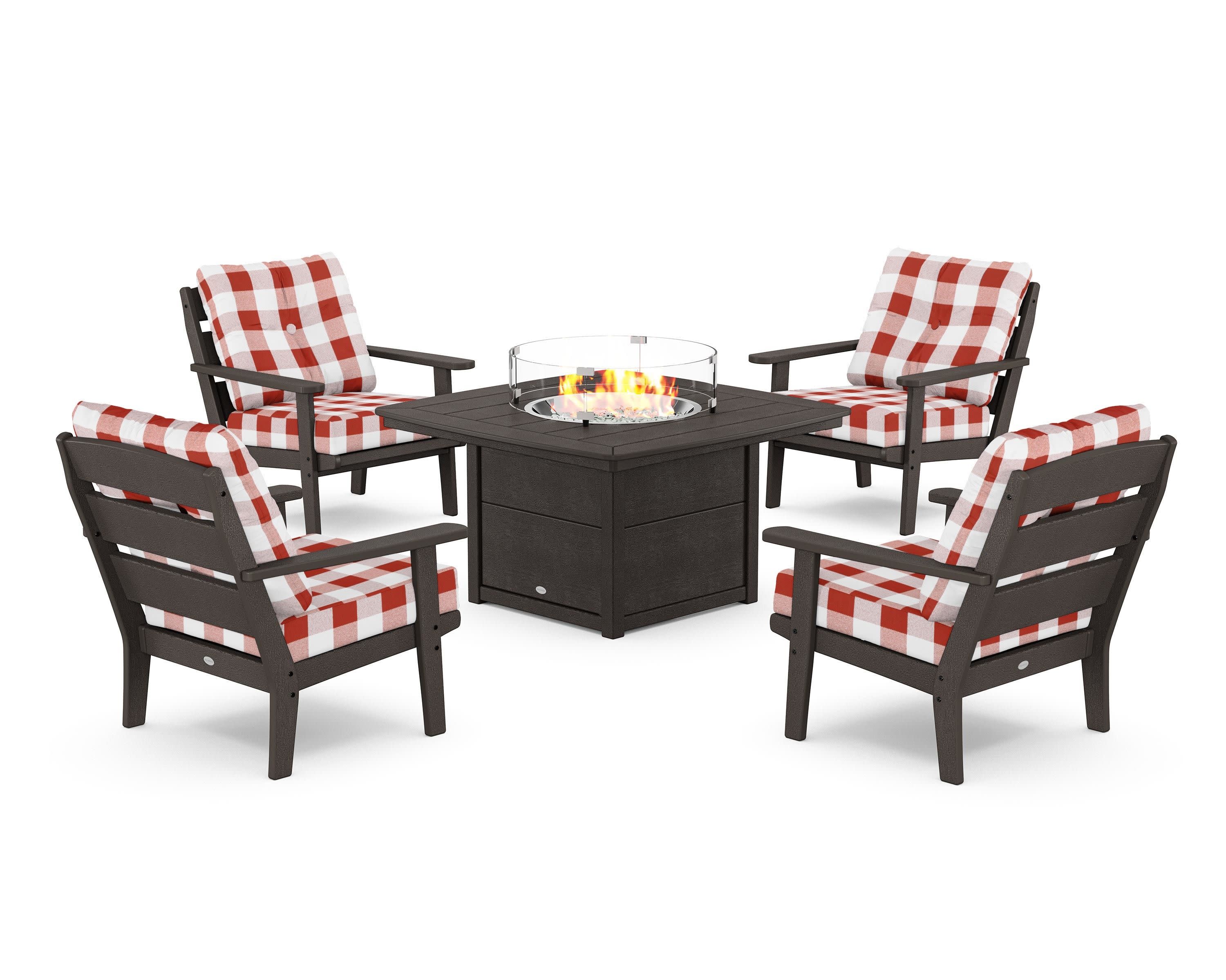 Lakeside 5-Piece Deep Seating Set with Nautical Fire Pit Table in Vintage Coffee / Buffalo Plaid Crimson