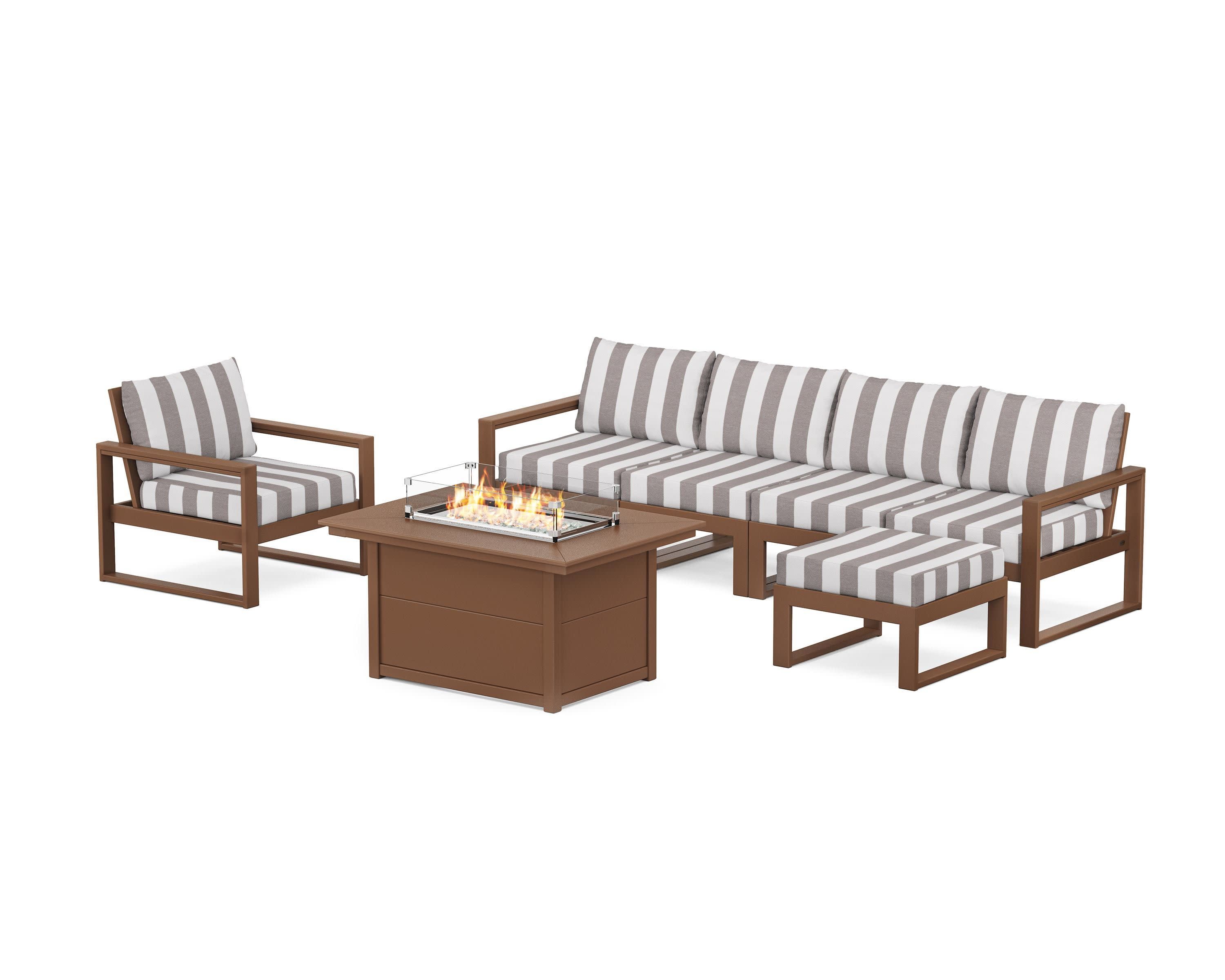 EDGE Sectional Lounge and Fire Pit Set in Teak / Cabana Stripe Grey Mist