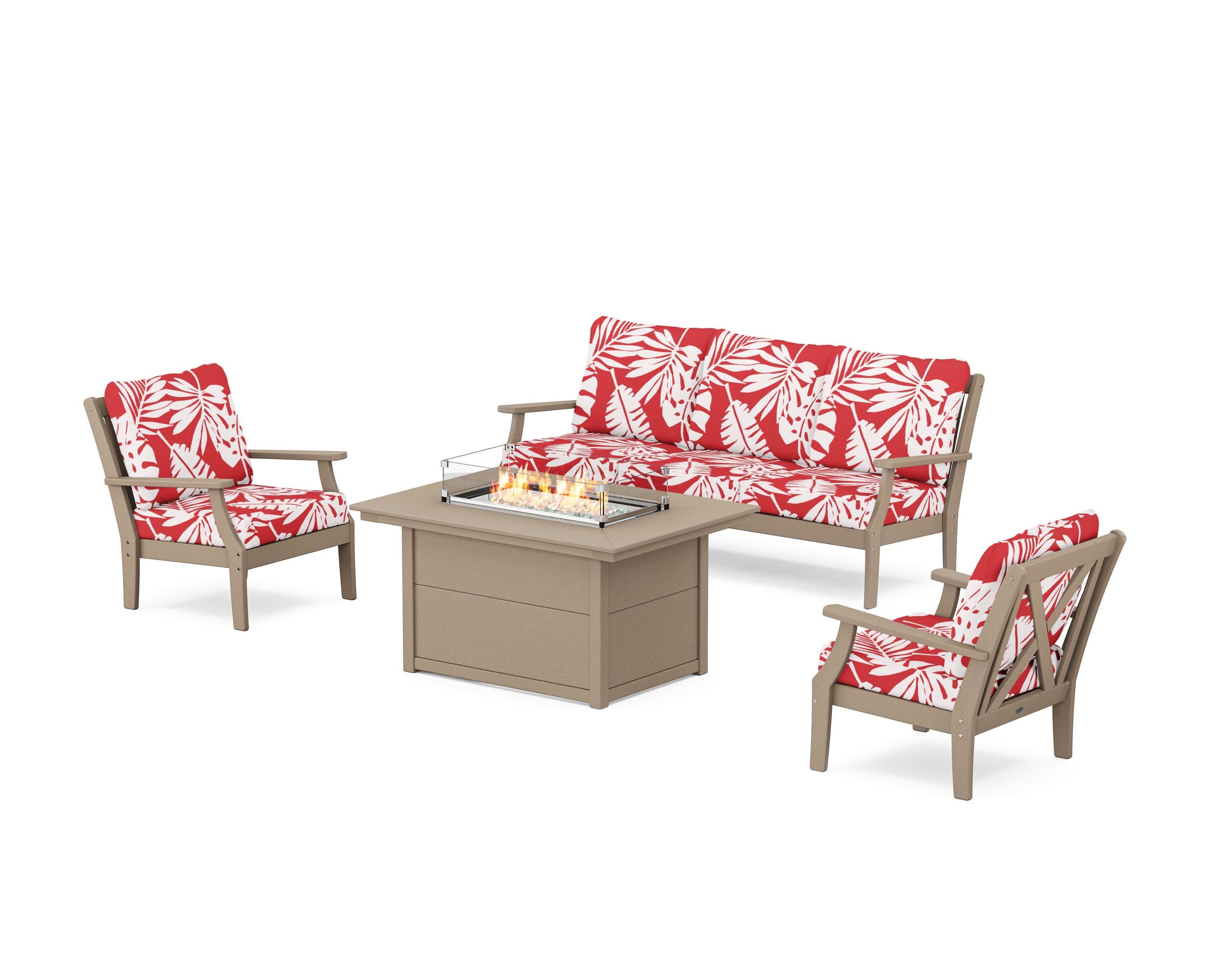 Braxton Deep Seating Fire Pit Table Set in Vintage Sahara / Leaf Crimson
