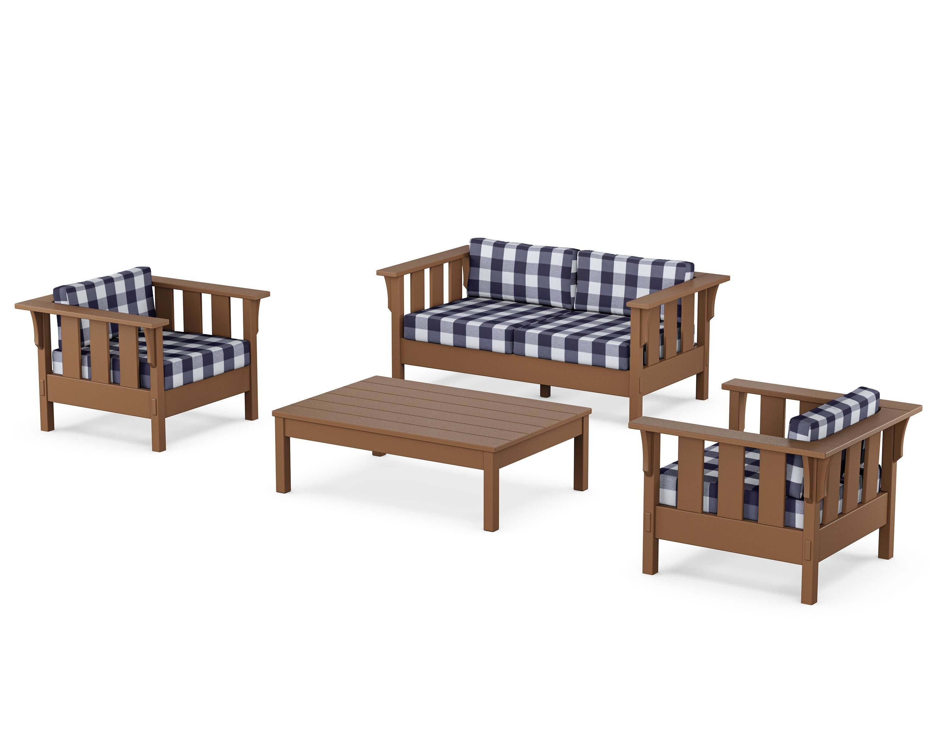 Acadia 4-Piece Deep Seating Set with Loveseat in Teak / Buffalo Plaid Navy