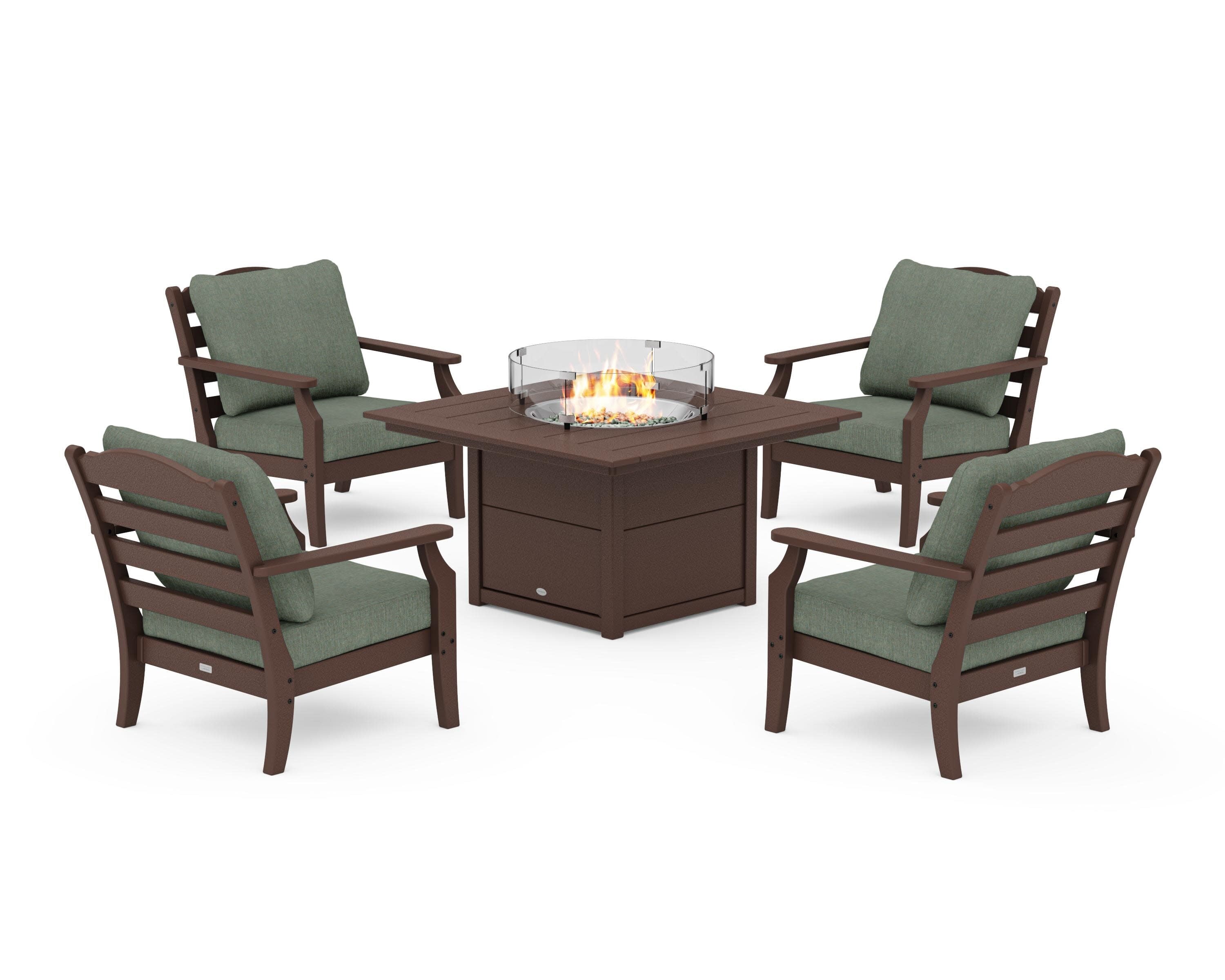 Savannah 5-Piece Deep Seating Set with Fire Pit Table in Mahogany / Cast Sage