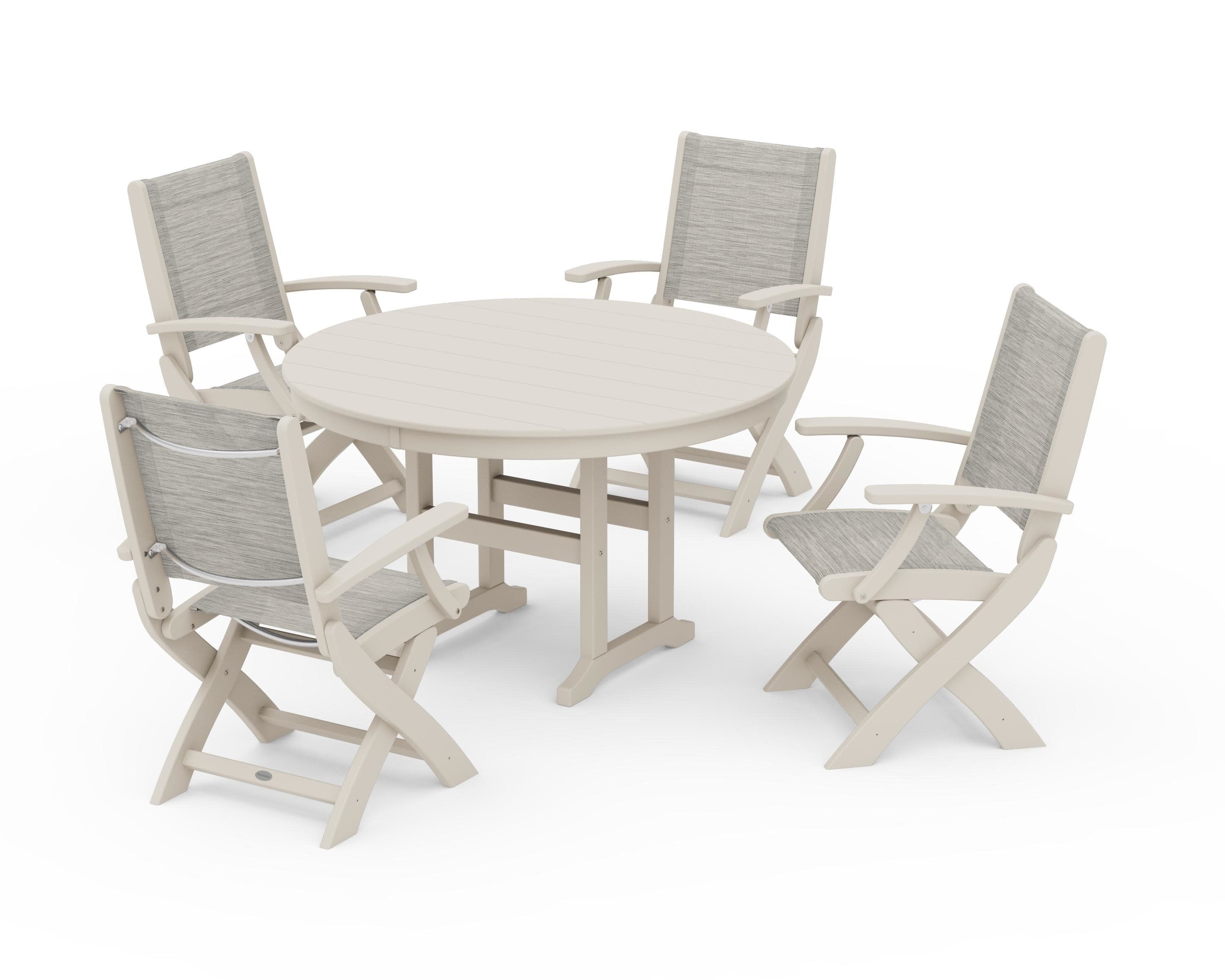 Coastal Folding Chair 5-Piece Round Dining Set in Sand / Birch Sling