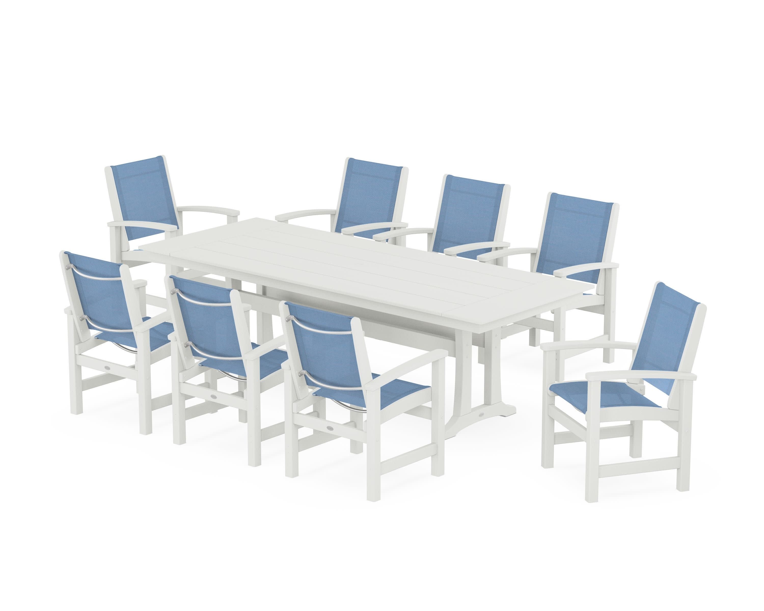 Coastal 9-Piece Farmhouse Dining Set with Trestle Legs in Vintage White / Poolside Sling