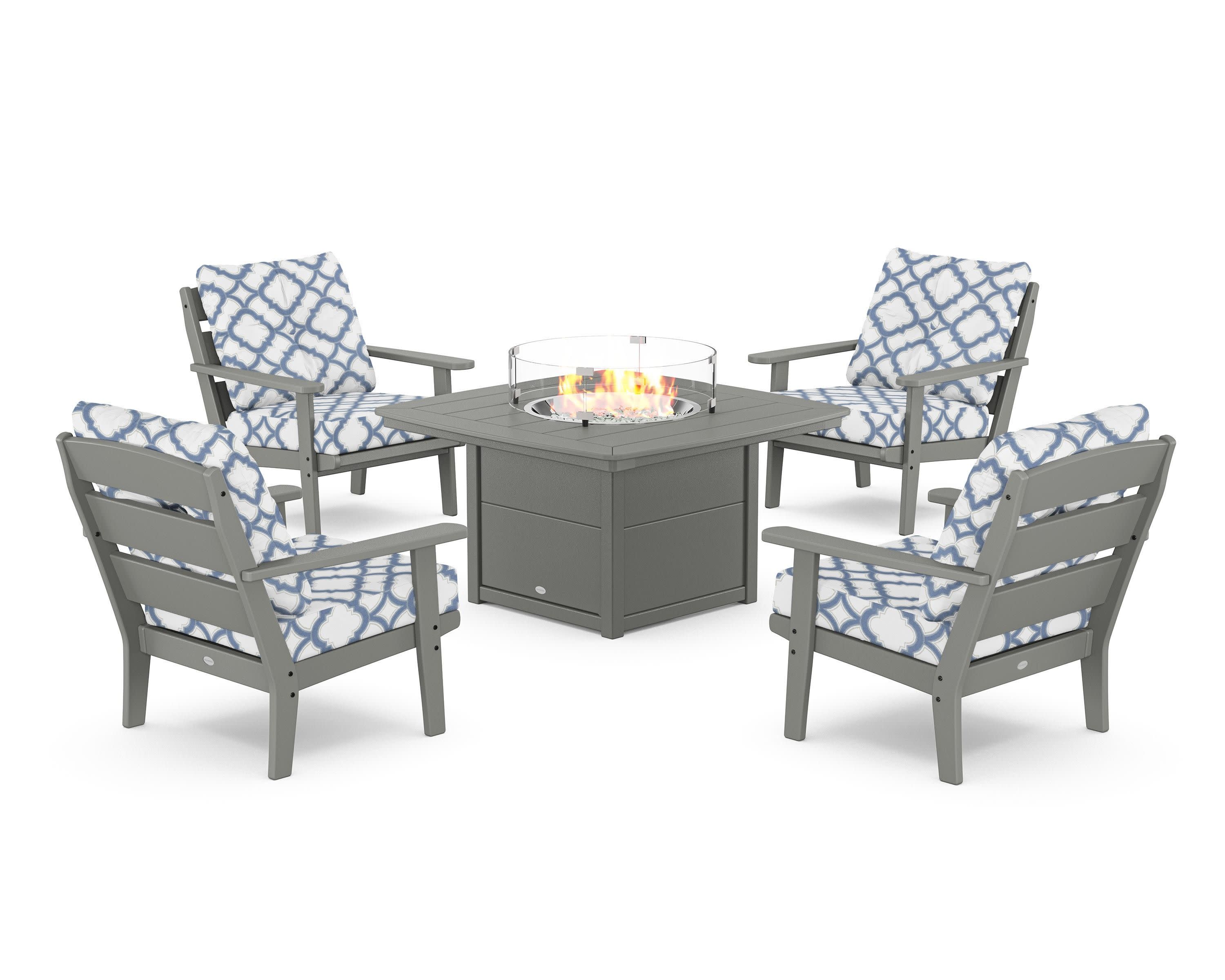 Lakeside 5-Piece Deep Seating Set with Nautical Fire Pit Table in Slate Grey / Trellis Sky Blue