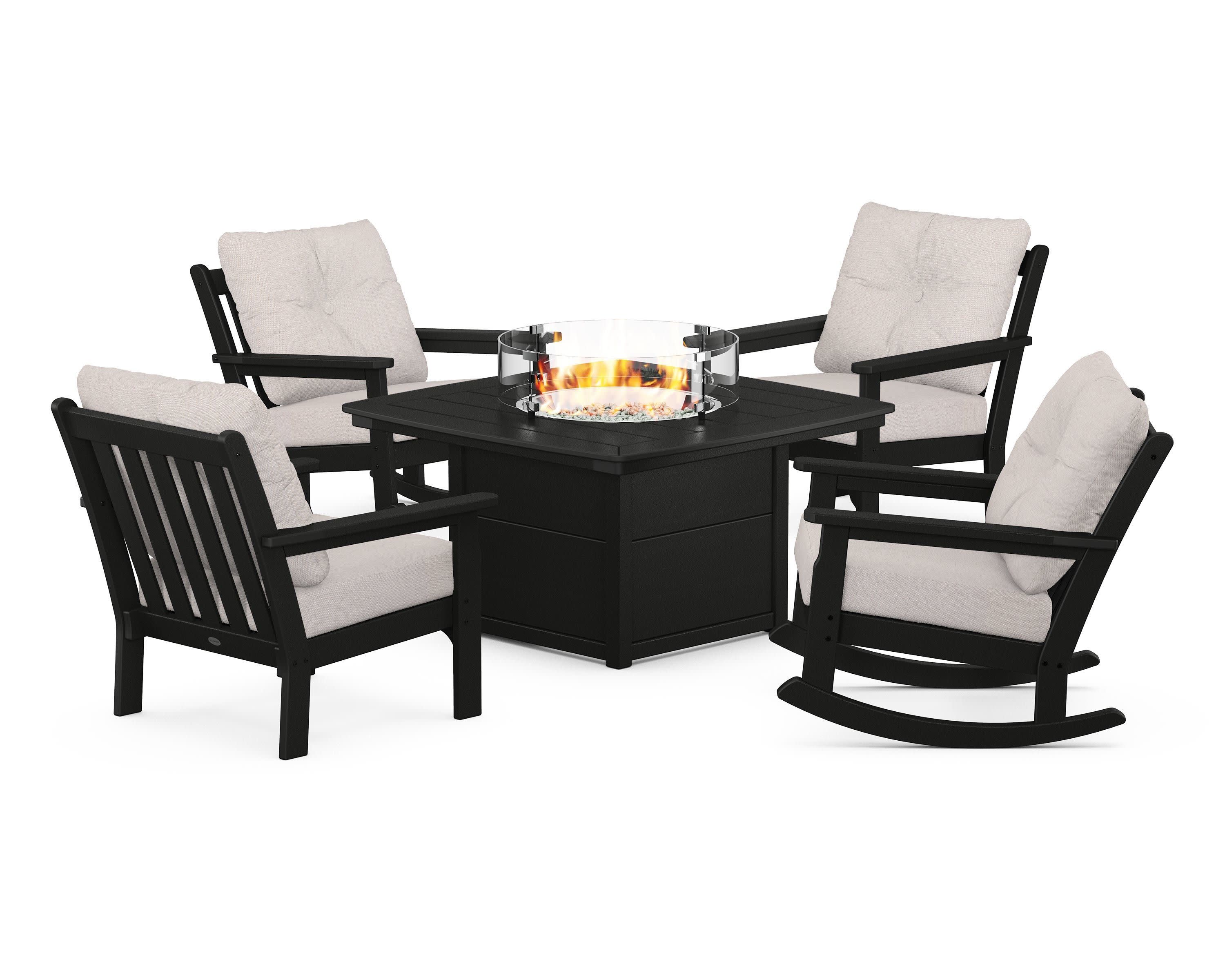Vineyard 5-Piece Deep Seating Rocking Chair Conversation Set with Fire Pit Table in Black / Dune Burlap