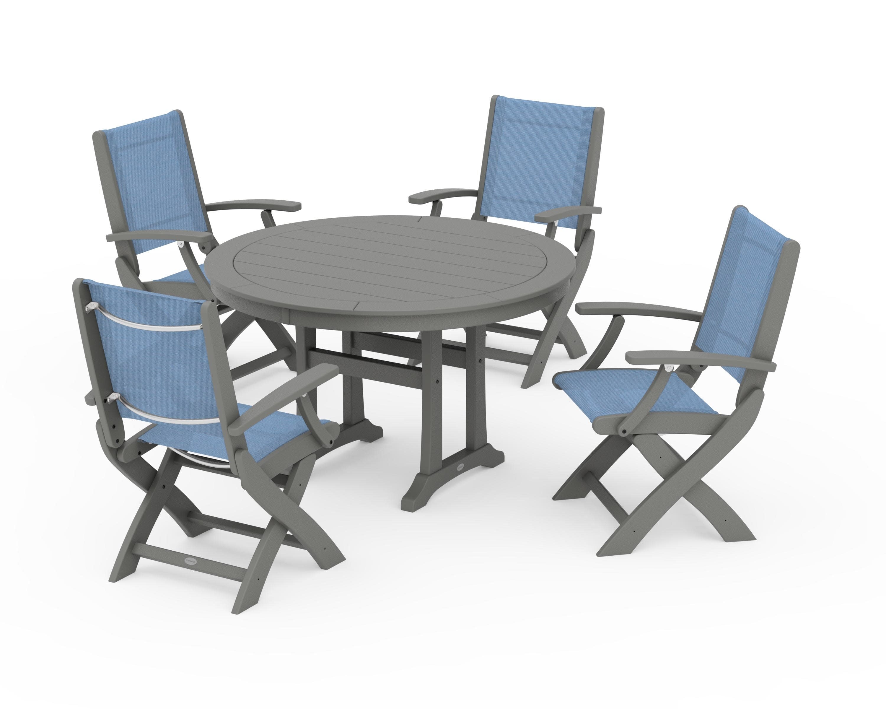 Coastal Folding Chair 5-Piece Round Dining Set with Trestle Legs in Slate Grey / Poolside Sling