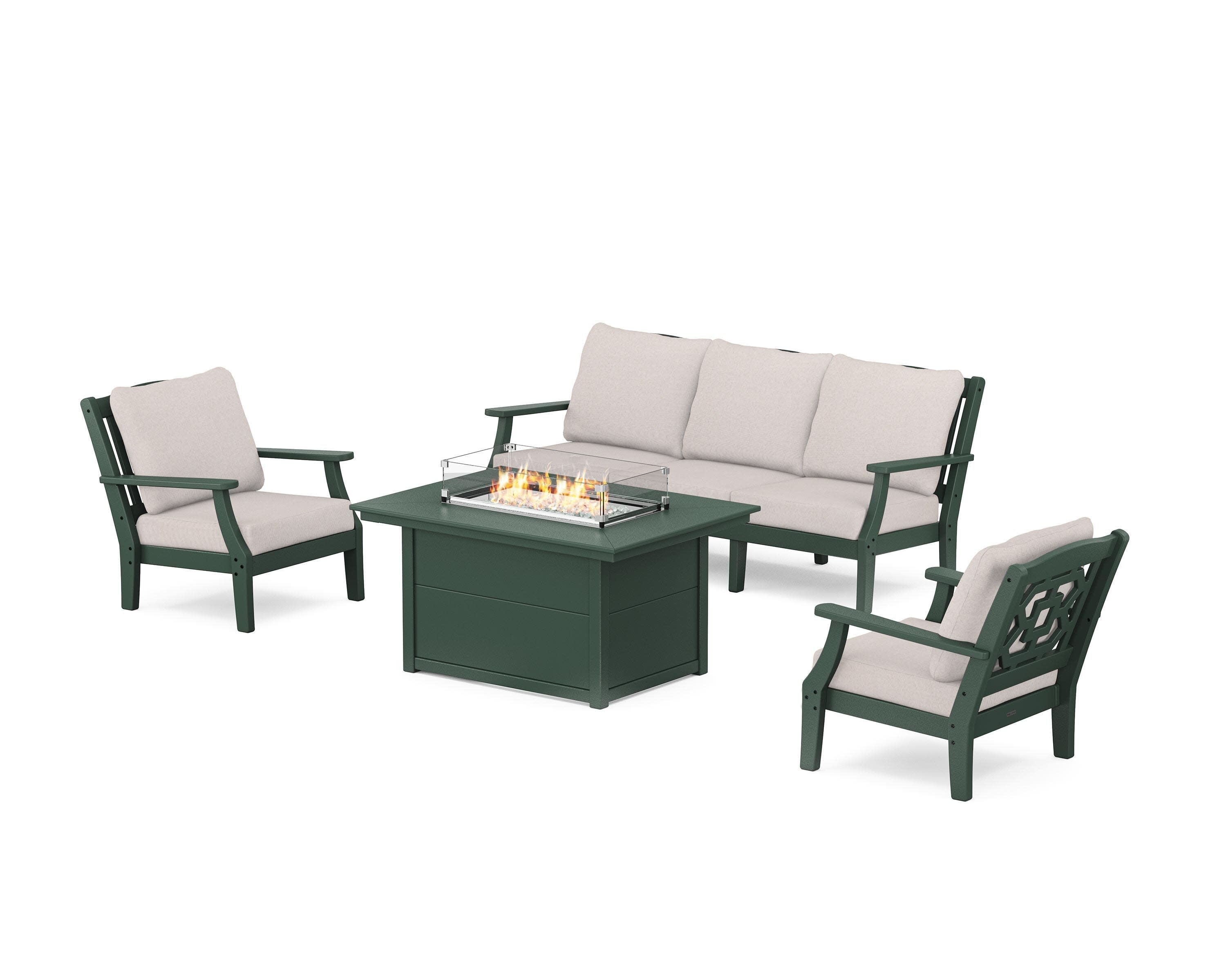 Chinoiserie Deep Seating Fire Pit Table Set in Green / Dune Burlap