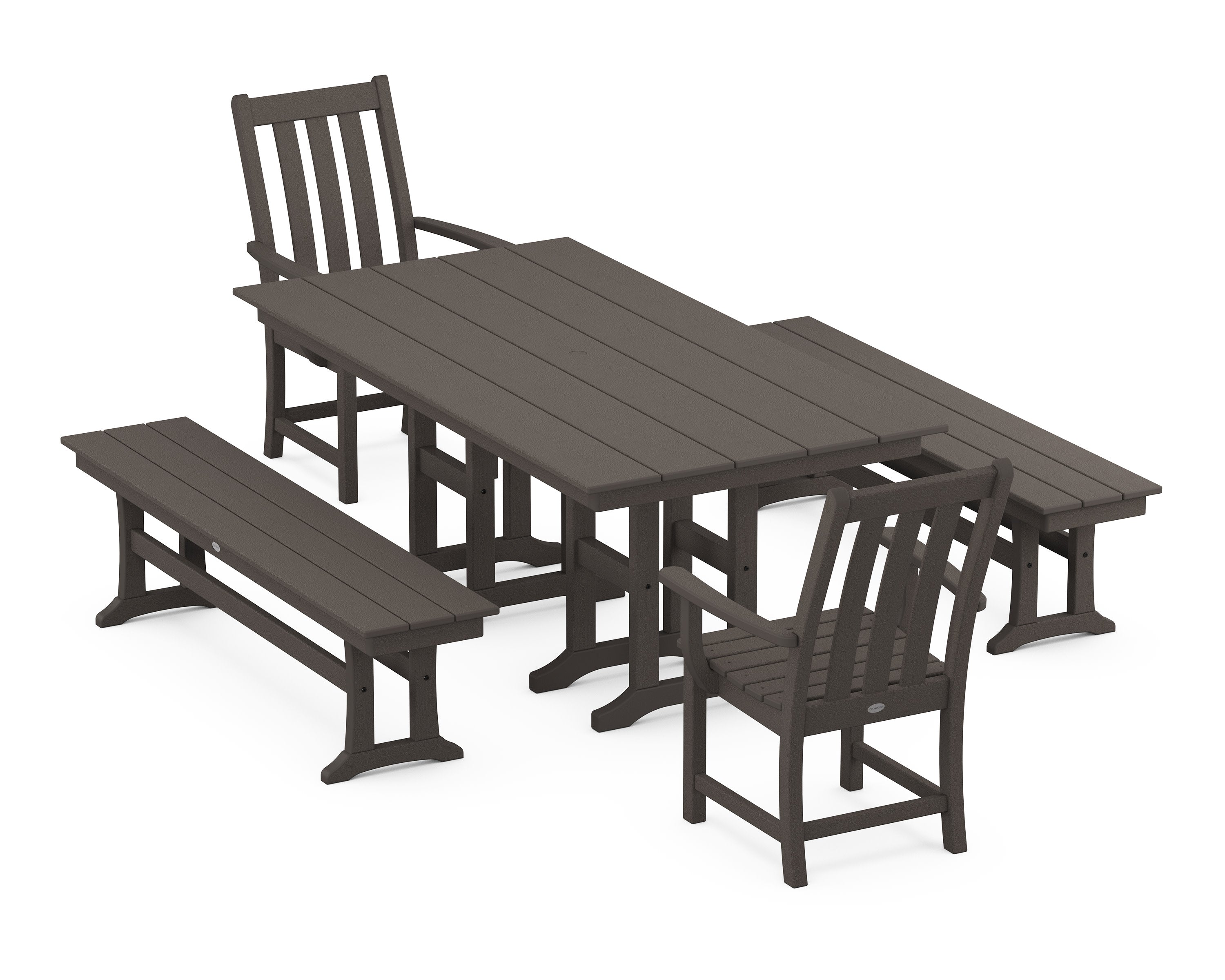 Vineyard 5-Piece Farmhouse Dining Set with Benches in Vintage Coffee