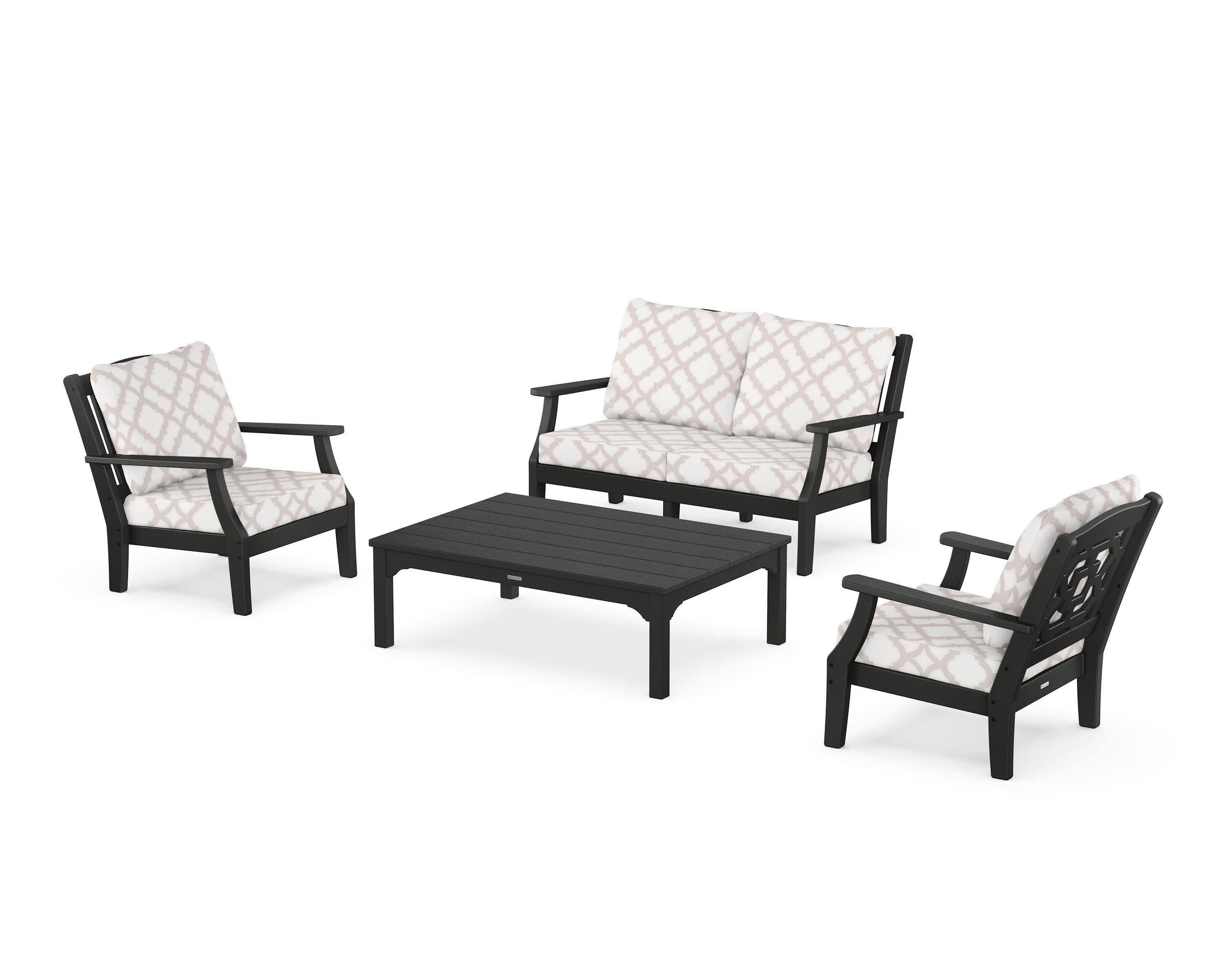 Chinoiserie 4-Piece Deep Seating Set with Loveseat in Black / Trellis Dune Burlap