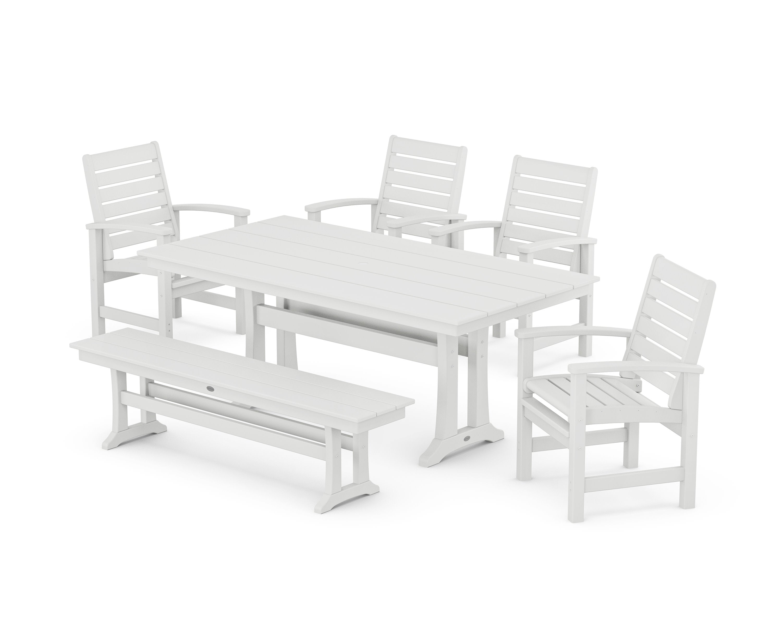 Signature 6-Piece Farmhouse Dining Set with Trestle Legs and Bench in White