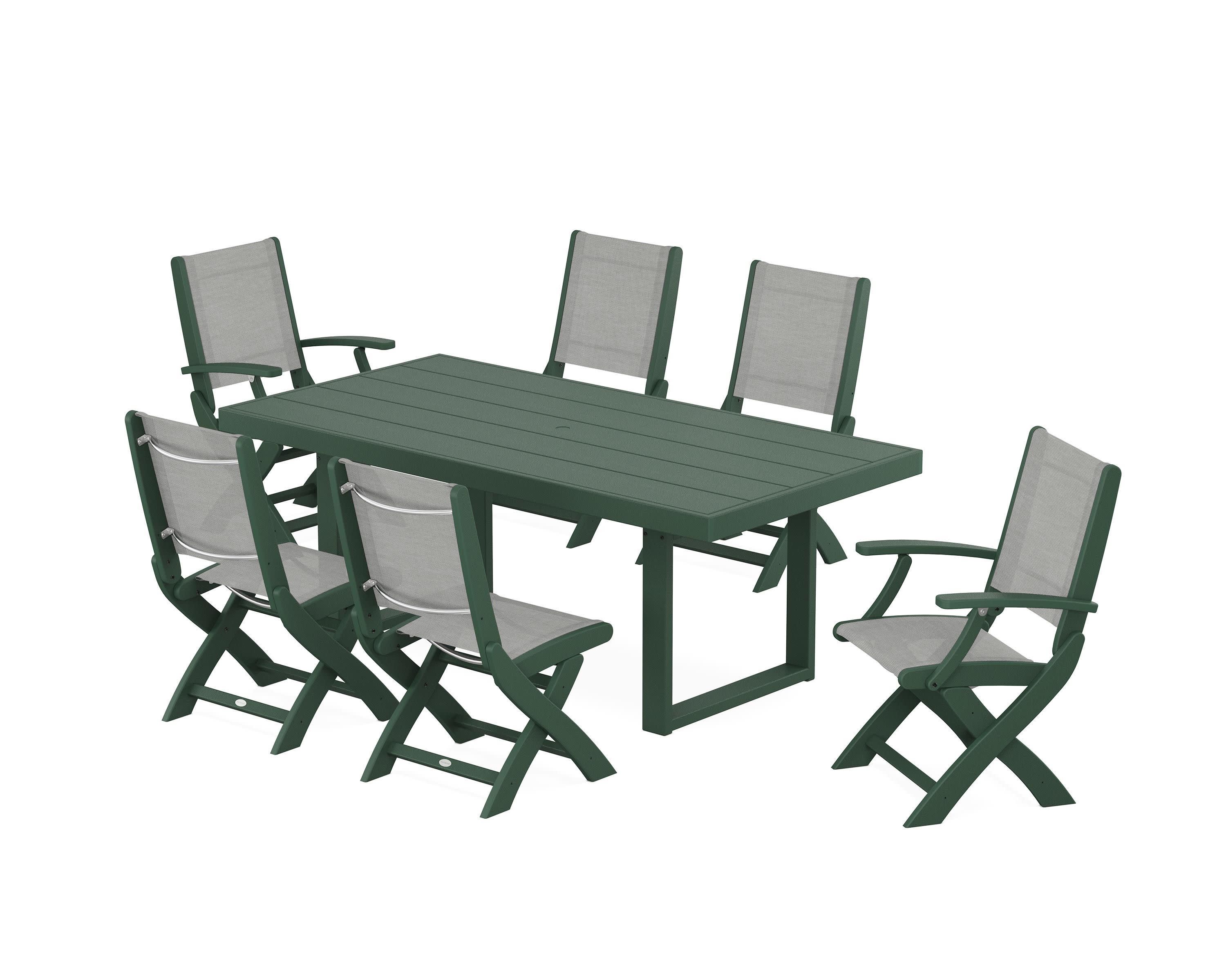 Coastal Folding Chair 7-Piece Dining Set with Trestle Legs in Green / Metallic Sling