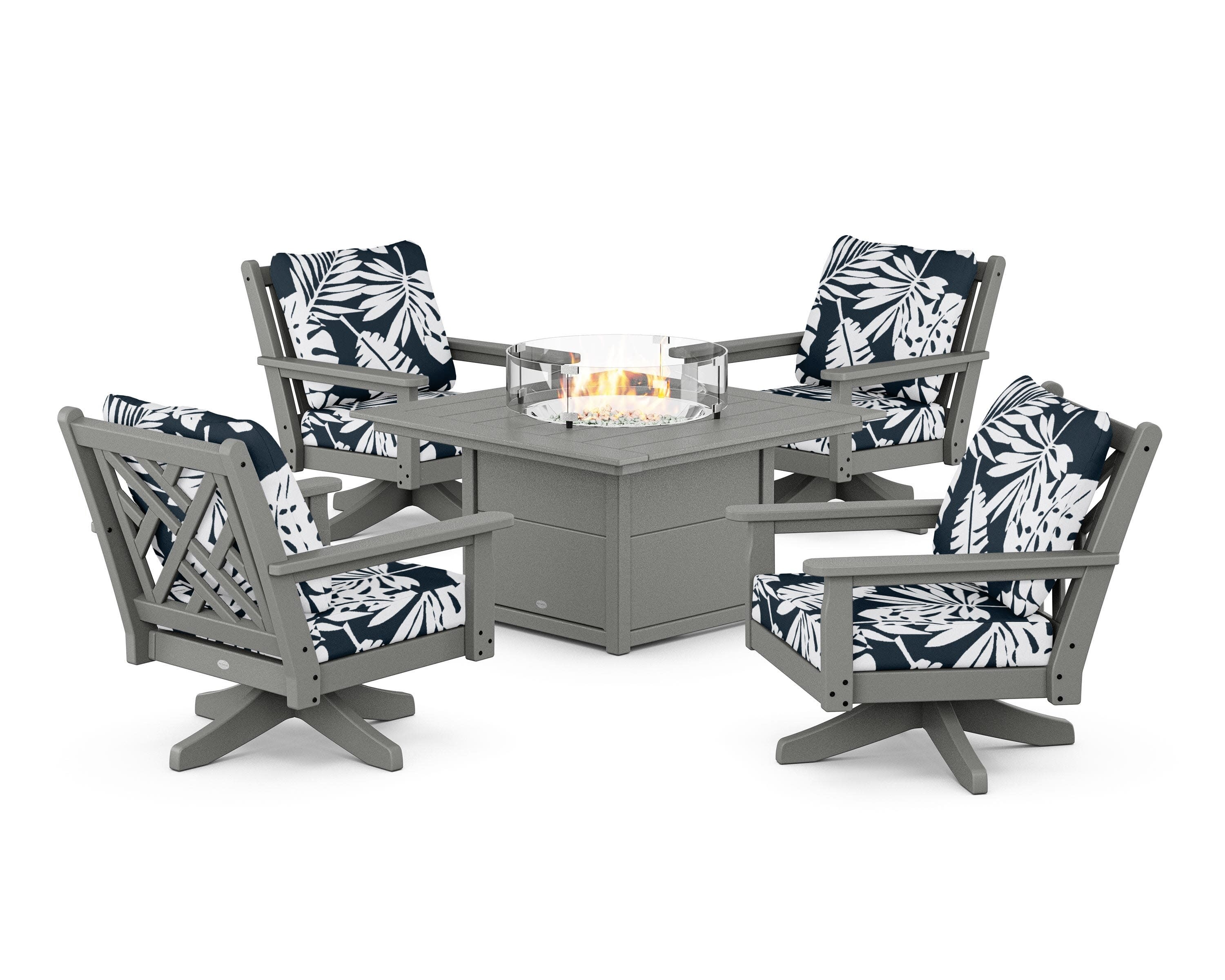 Chippendale 5-Piece Deep Seating Swivel Conversation Set with Fire Pit Table in Slate Grey / Leaf Marine Indigo